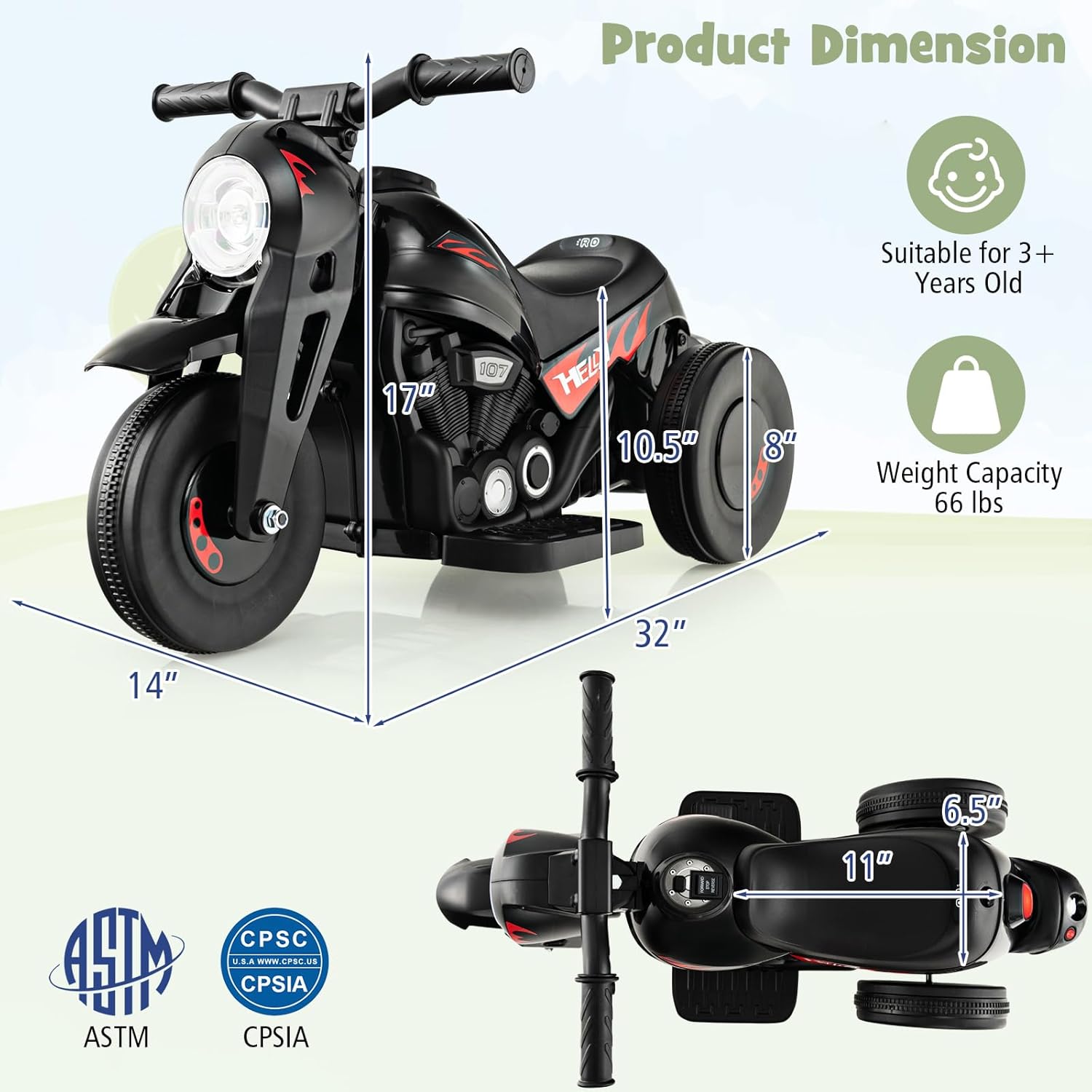 Costzon Motocicleta para niños, motocicleta de 6 V con fabricante de burbujas, música, faro LED, adelante y atrás, motocicleta eléctrica de 3 ruedas