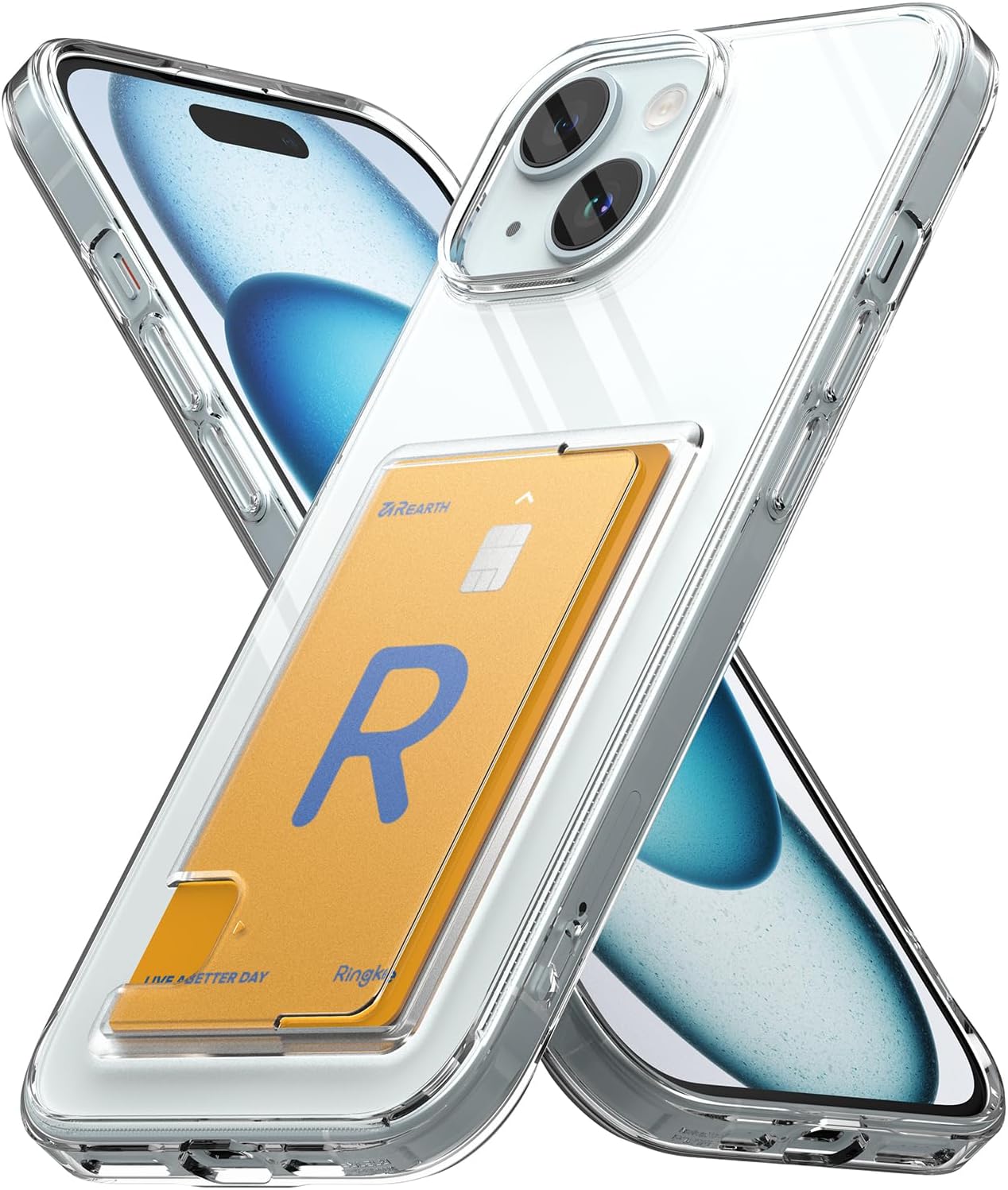 Ringke Fusion Card tarjetero integrado compatible con iPhone 15 Plus, con capacidad para hasta 1 tarjeta, funda transparente para teléfono para