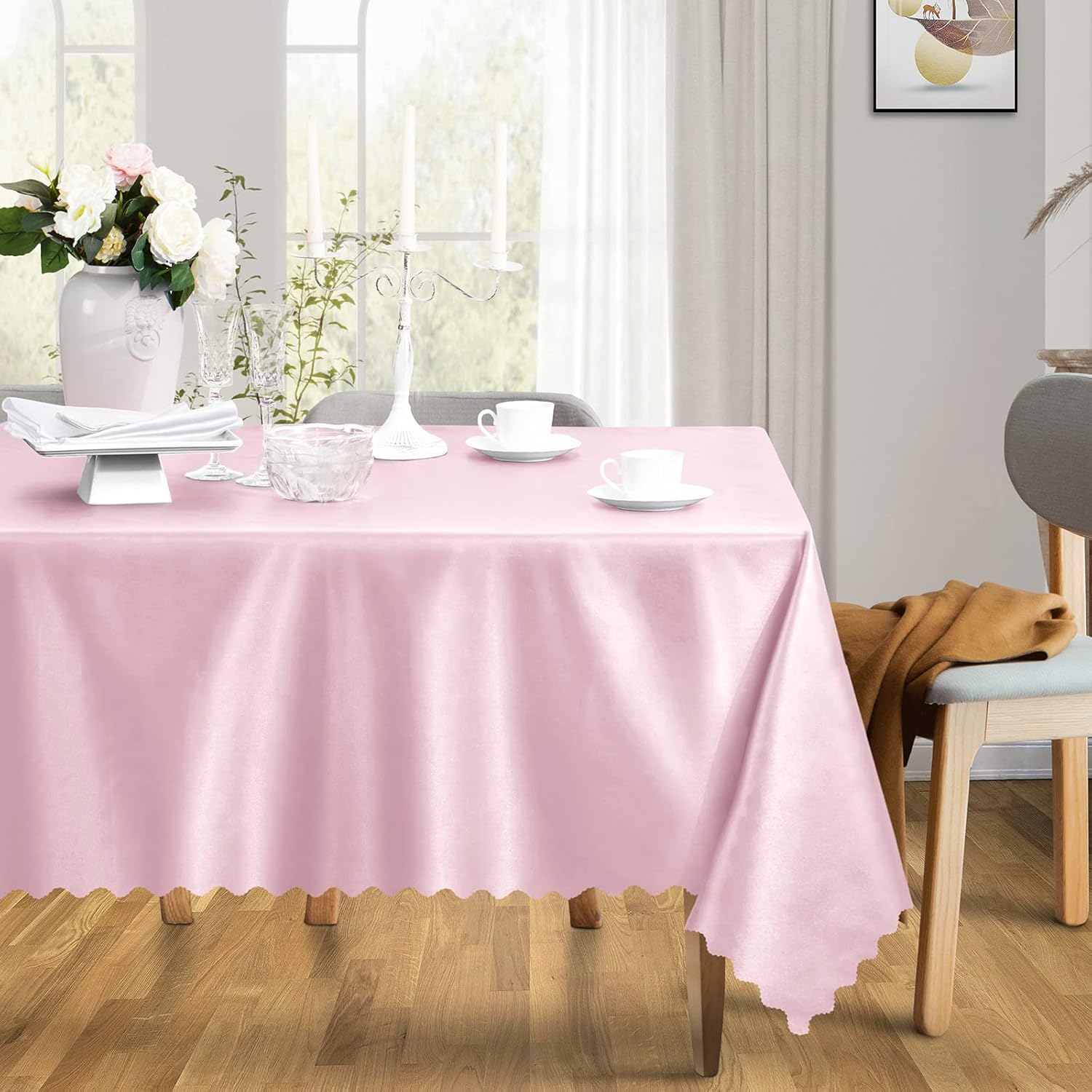 Mantel rectangular de satén rosa de 60 x 120 pulgadas, mantel festoneado (1 paquete), mantel rectangular de satén oblongo, resistente al agua,