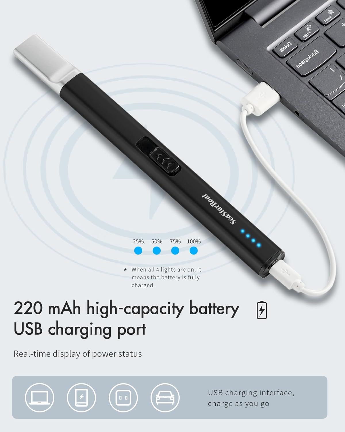 Encendedor de velas eléctrico  Encendedores de arco recargable USB a prueba de viento encendedor de plasma con botón de seguridad mejorado para