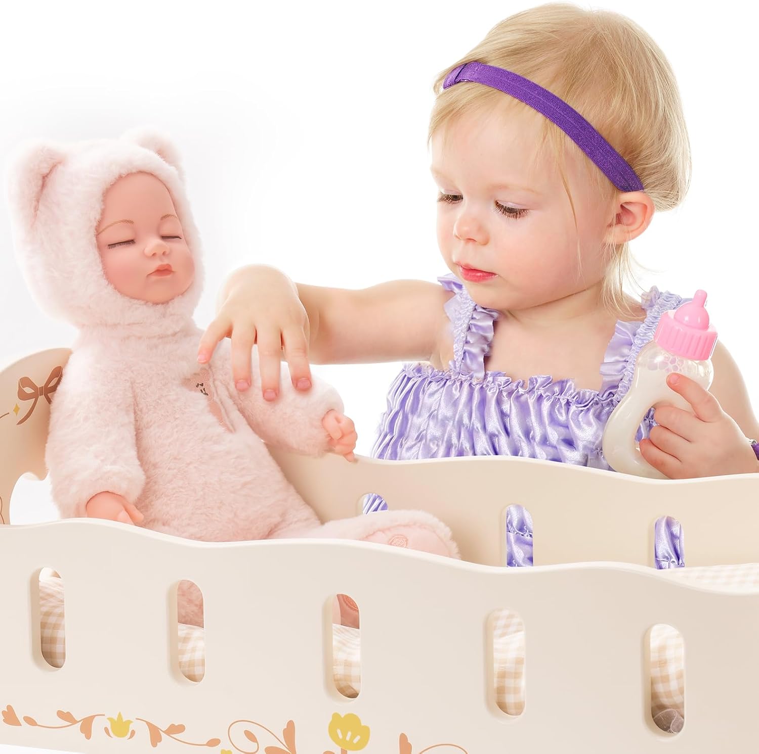 ROBOTIME Cuna de muñeca – Cuna de madera para muñecas  Cama de muñeca  Accesorios para muebles de muñeca  Cuna mecedora para muñecas con ropa de