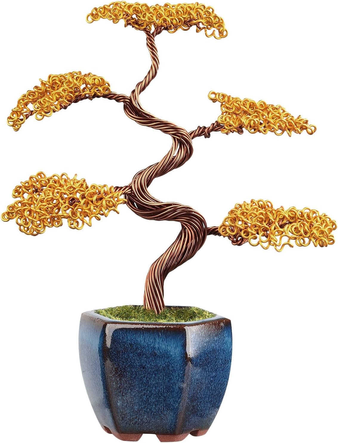 Figura de árbol de dinero de alambre de aluminio envuelta a mano con base de cerámica, árbol artificial amarillo Fengshui bonsái adorno de