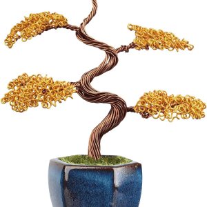 Figura de árbol de dinero de alambre de aluminio envuelta a mano con base de cerámica, árbol artificial amarillo Fengshui bonsái adorno de Figura de árbol de dinero de alambre de aluminio envuelta a mano con base de cerámica, árbol artificial amarillo Fengshui bonsái adorno de