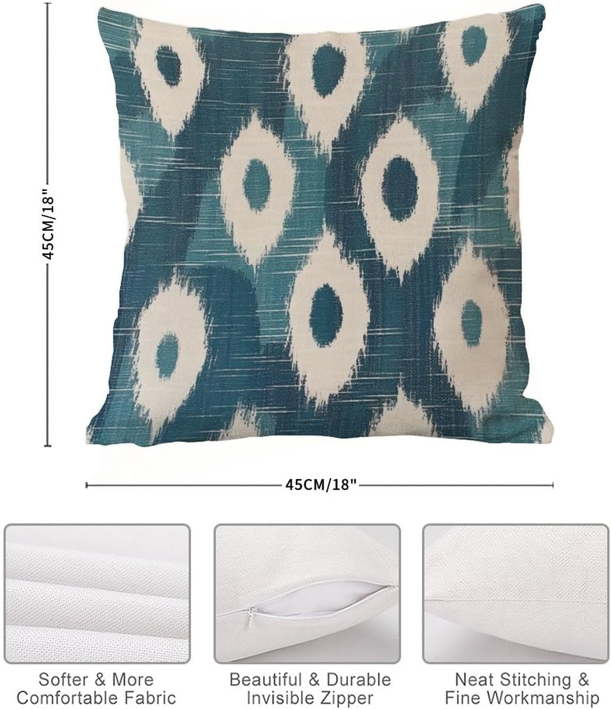 Funda de almohada estilo europeo Ikat azul índigo crema estilo chinoiserie, funda de cojín asiática de 18 x 18 pulgadas, funda de almohada