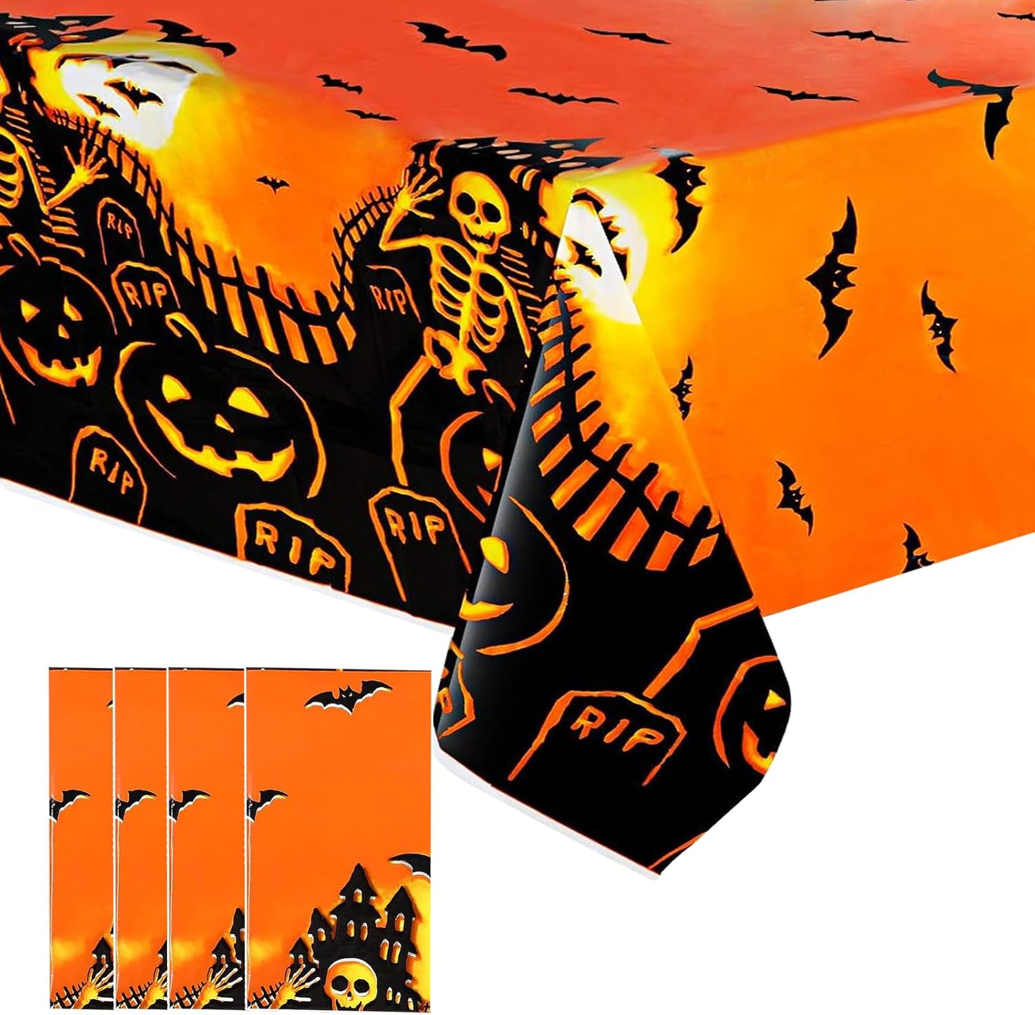 Paquete de 4 manteles de Halloween, decoraciones de Halloween, manteles desechables para decoraciones de fiesta de Halloween, 54 x 108 pulgadas,