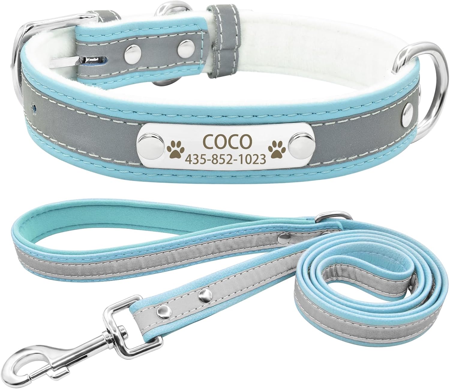 Juego de collar y correa reflectante personalizado para perro, collar de perro de cuero personalizado con placa de nombre, collares de perro