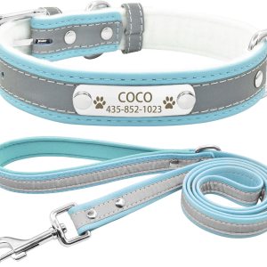 Juego de collar y correa reflectante personalizado para perro, collar de perro de cuero personalizado con placa de nombre, collares de perro Juego de collar y correa reflectante personalizado para perro, collar de perro de cuero personalizado con placa de nombre, collares de perro