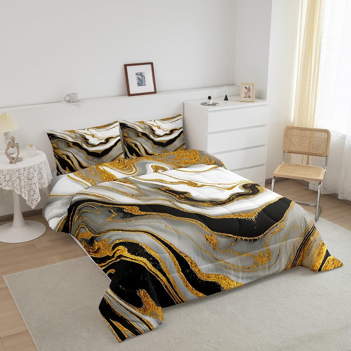 Erosebridal Juego de edredón abstracto tamaño Queen, juego de ropa de cama de acuarela negro y gris, juego de cama de mármol mármol con estampado