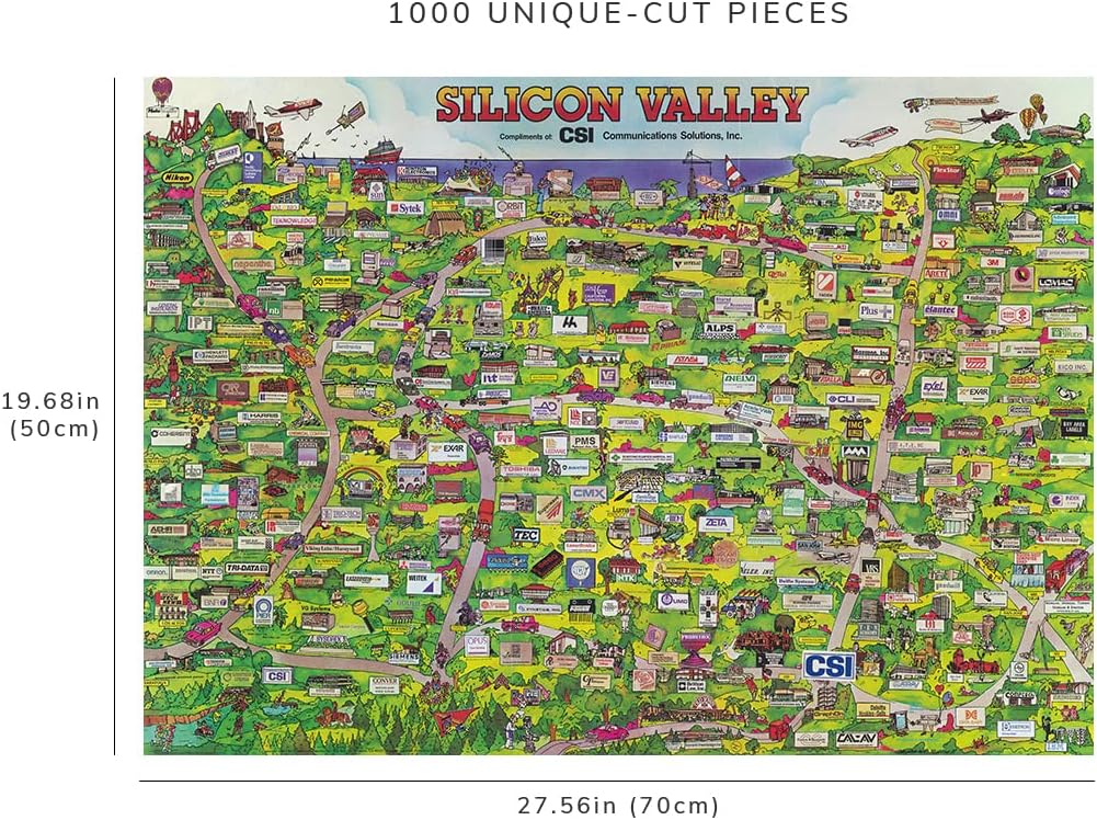Rompecabezas de 1000 piezas  1986  Mapa gráfico ilustrado de Silicon Valley que muestra todas las marcas comerciales importantes