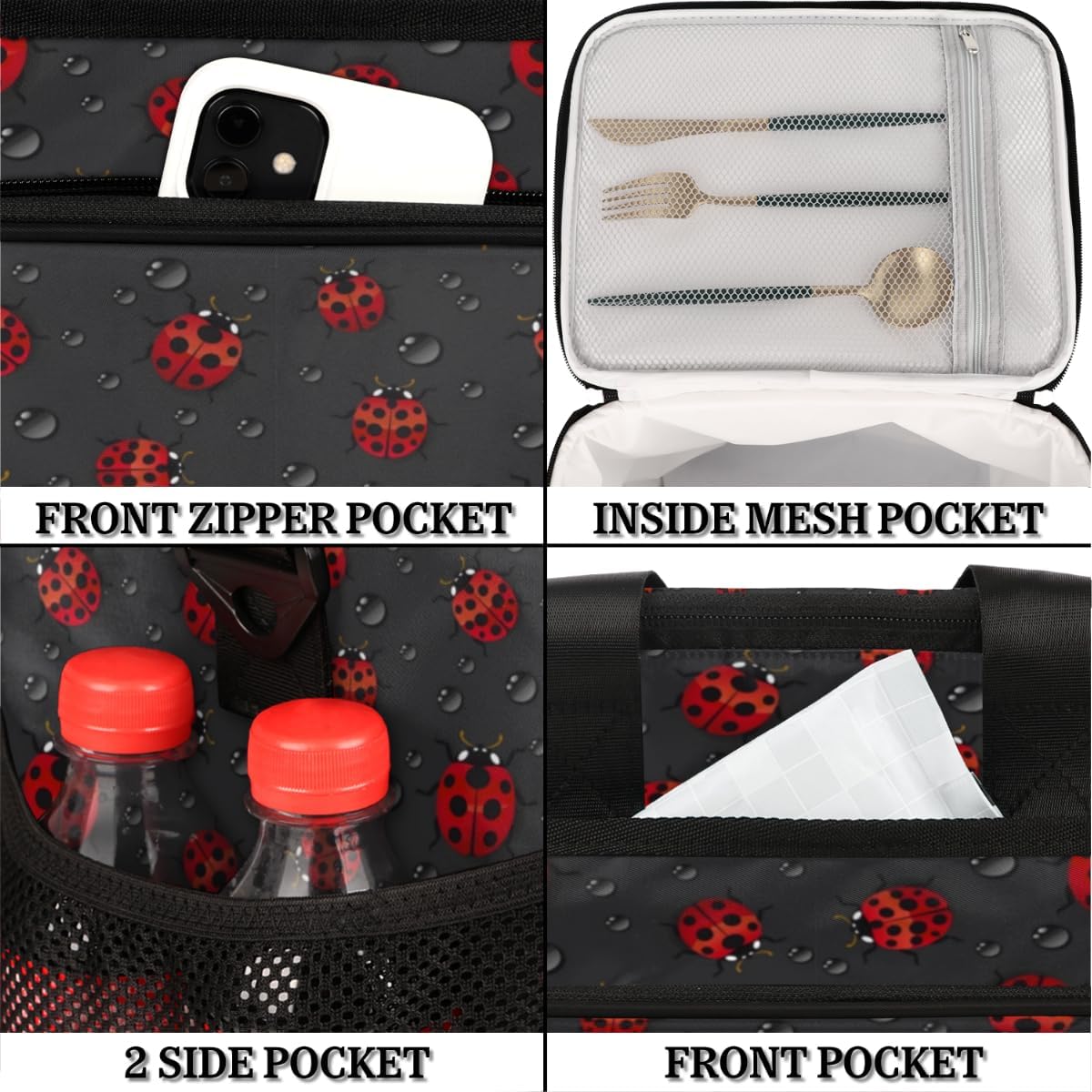 Mularoka Ladybugs – Lonchera aislada para mujeres y hombres, grande, reutilizable, para oficina, picnic, campamento, playa, a prueba de fugas, con