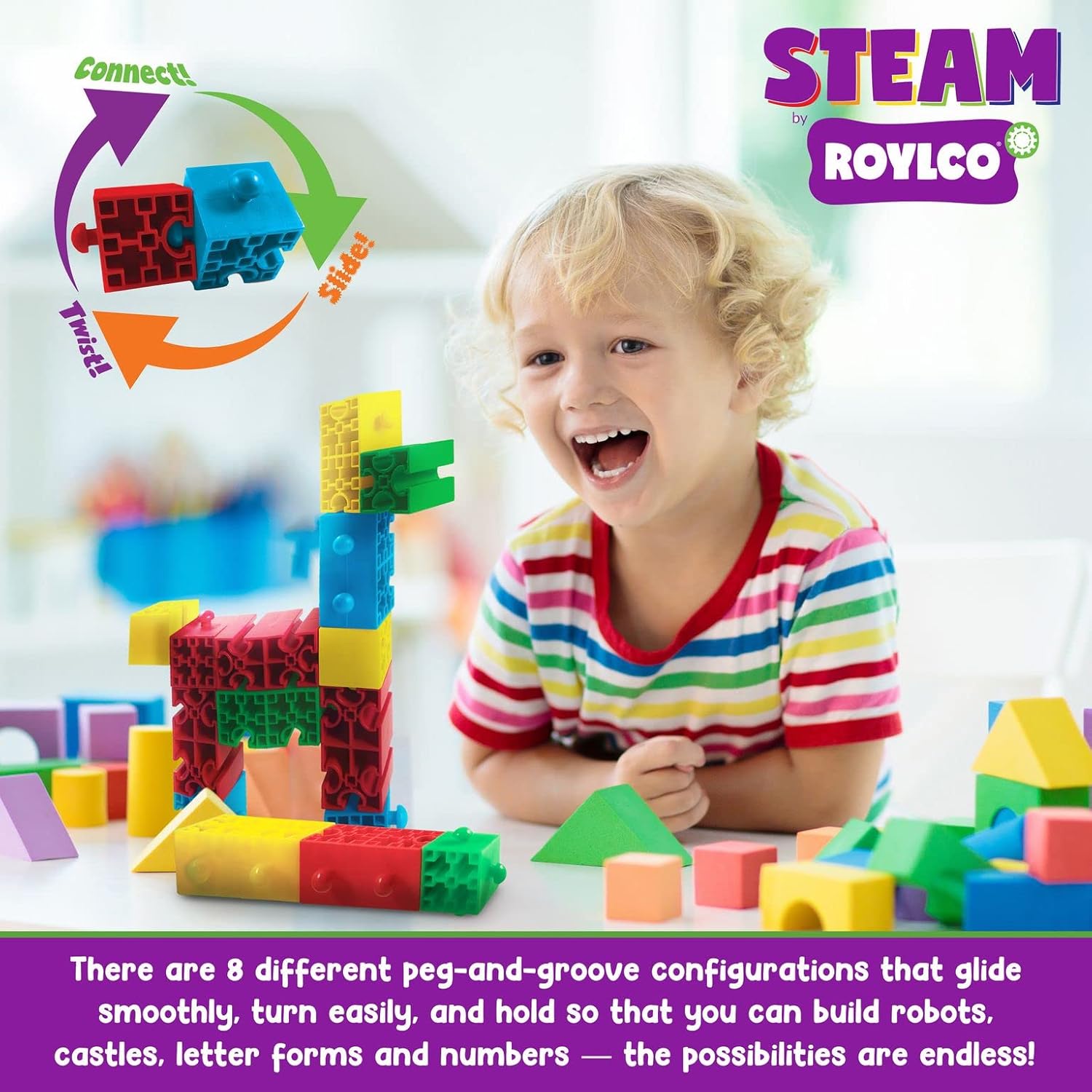 Roylco STEAM Lock Blox Kit de construcción – Blox Blox Bloques de construcción de aprendizaje de vapor para niños – Juguete de construcción de