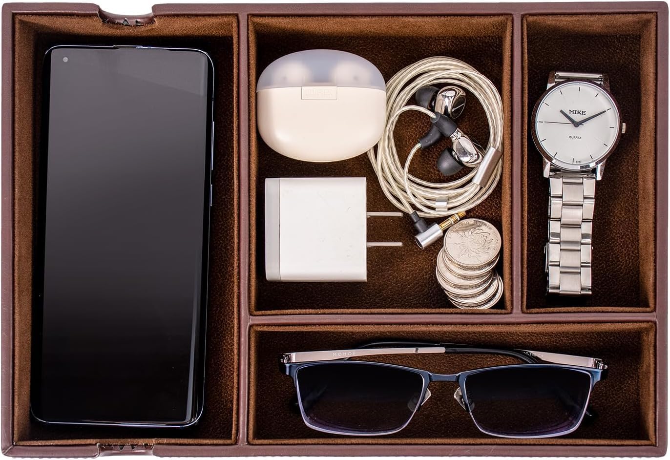 Bandeja de valet para hombre, para mesita de noche, mesita de noche y mesa de entrada, bandeja de cuero sintético para teléfono, reloj, gafas,