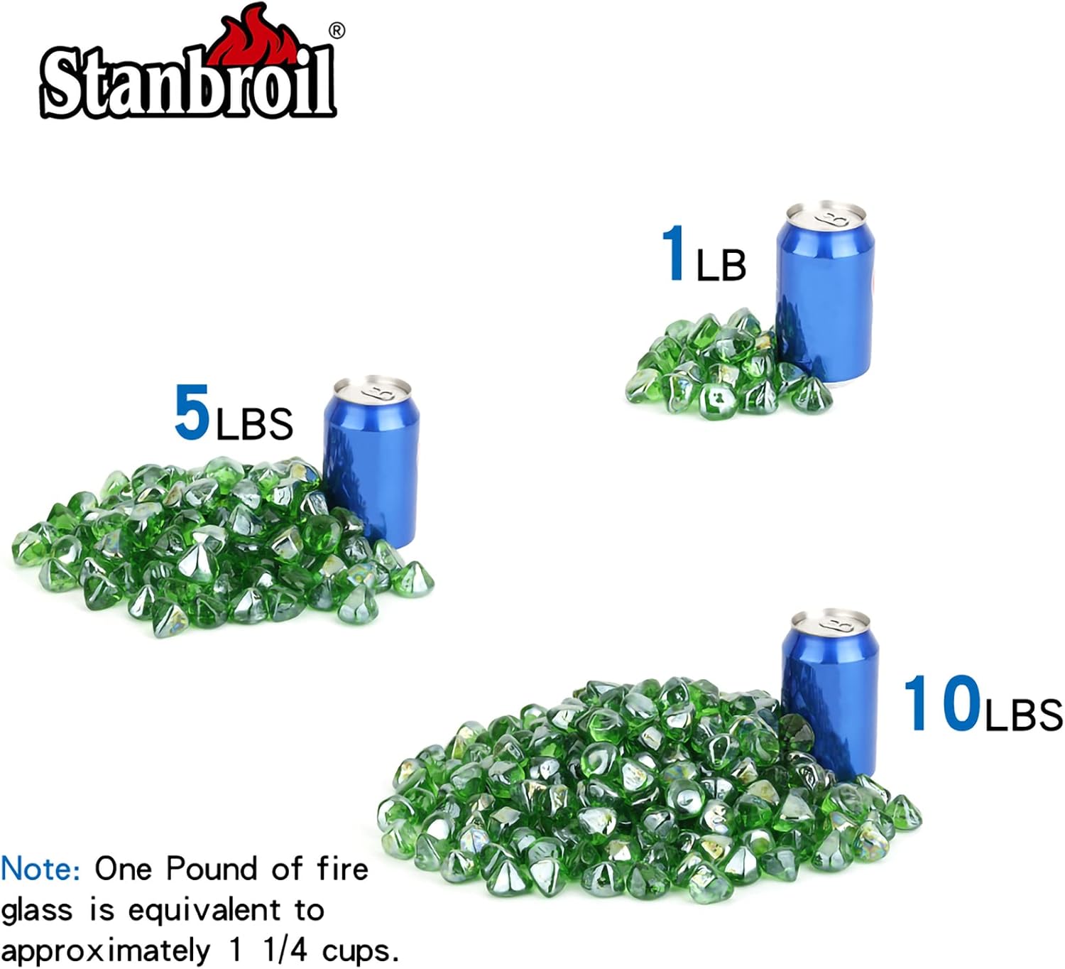 Stanbroil Diamantes de cristal de fuego de 10 libras, vidrio de fuego de 12 pulgada para chimenea y paisajismo, brillo verde esmeralda
