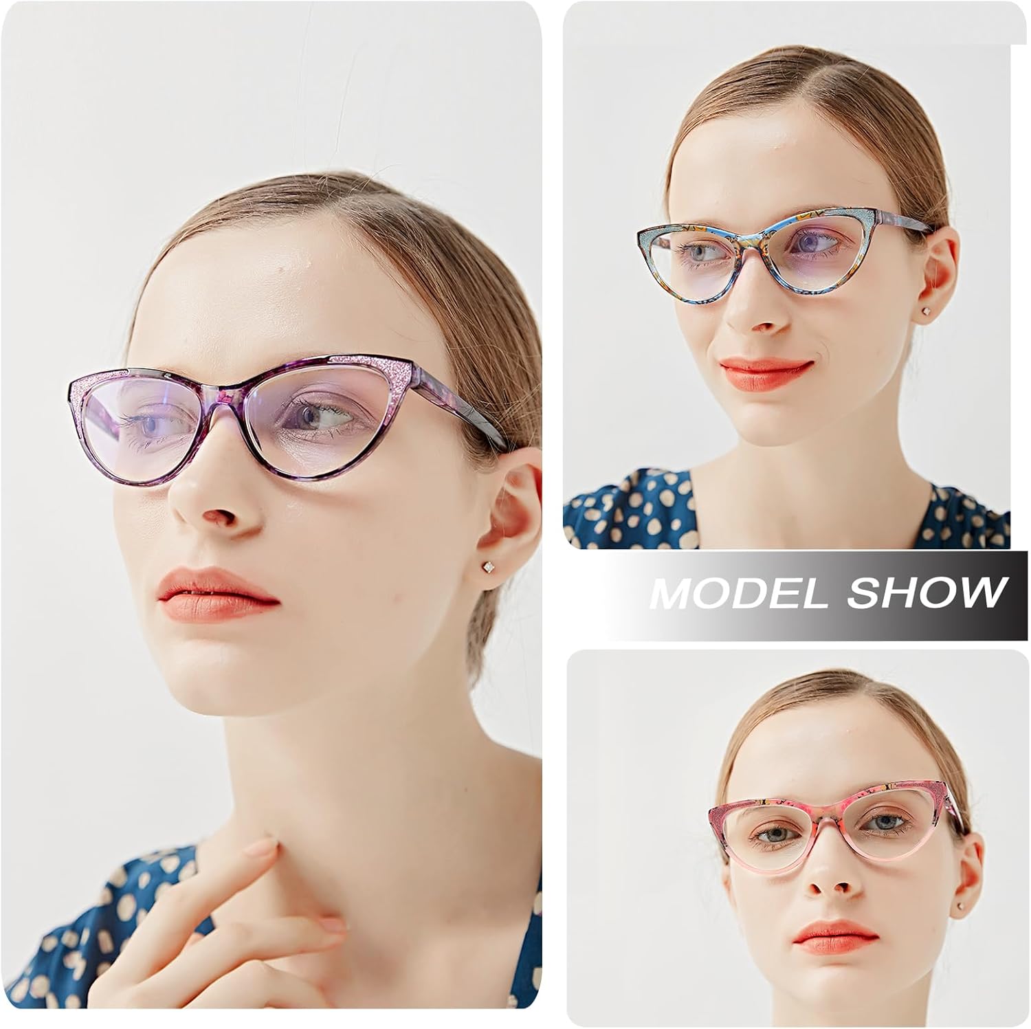 YTDBNS Gafas de lectura de ojo de gato para mujer, paquete de 2 lentes de computadora de moda con bloqueo de luz azul con bisagra de resorte,