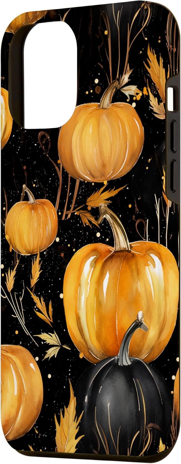Carcasa estética para iPhone 12 Pro Max con diseño de calabazas y hojas de otoño