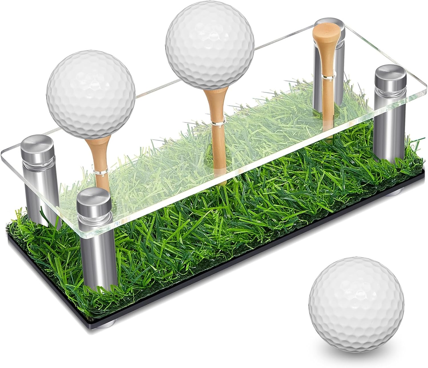 Menkxi Exhibición de pelotas de golf de acrílico y metal, soporte de exhibición de pelotas de golf con base negra y césped con capacidad para 3