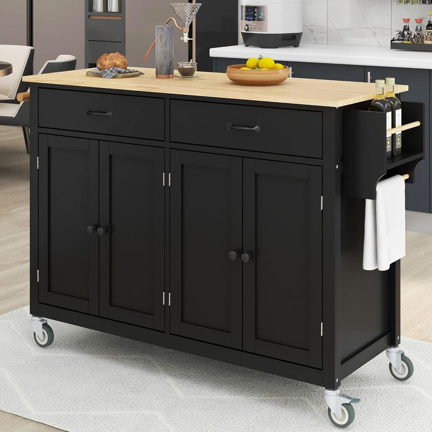 P PURLOVE Carrito de madera para isla de cocina con ruedas de bloqueo, carrito utilitario rodante con 2 cajones y 4 puertas de gabinete, estante de