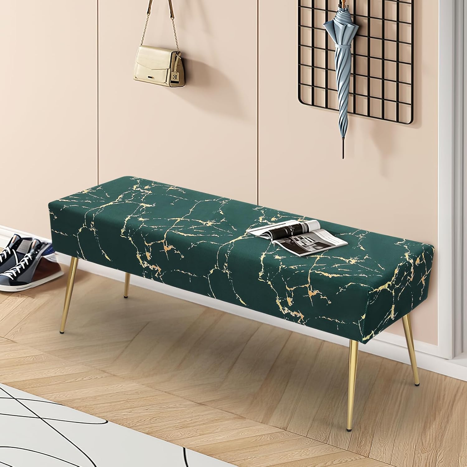 MoNiBloom Banco otomano tapizado de terciopelo verde para dormitorio, extremo de cama, moderno patrón de mármol, otomano elegante y versátil,