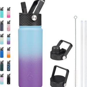 BJPKPK Botella de agua con aislamiento y tapa con popote, 22 fl oz, acero inoxidable, 3 tapas, reutilizable, mantiene agua fría o caliente, termo, BJPKPK Botella de agua con aislamiento y tapa con popote, 22 fl oz, acero inoxidable, 3 tapas, reutilizable, mantiene agua fría o caliente, termo,