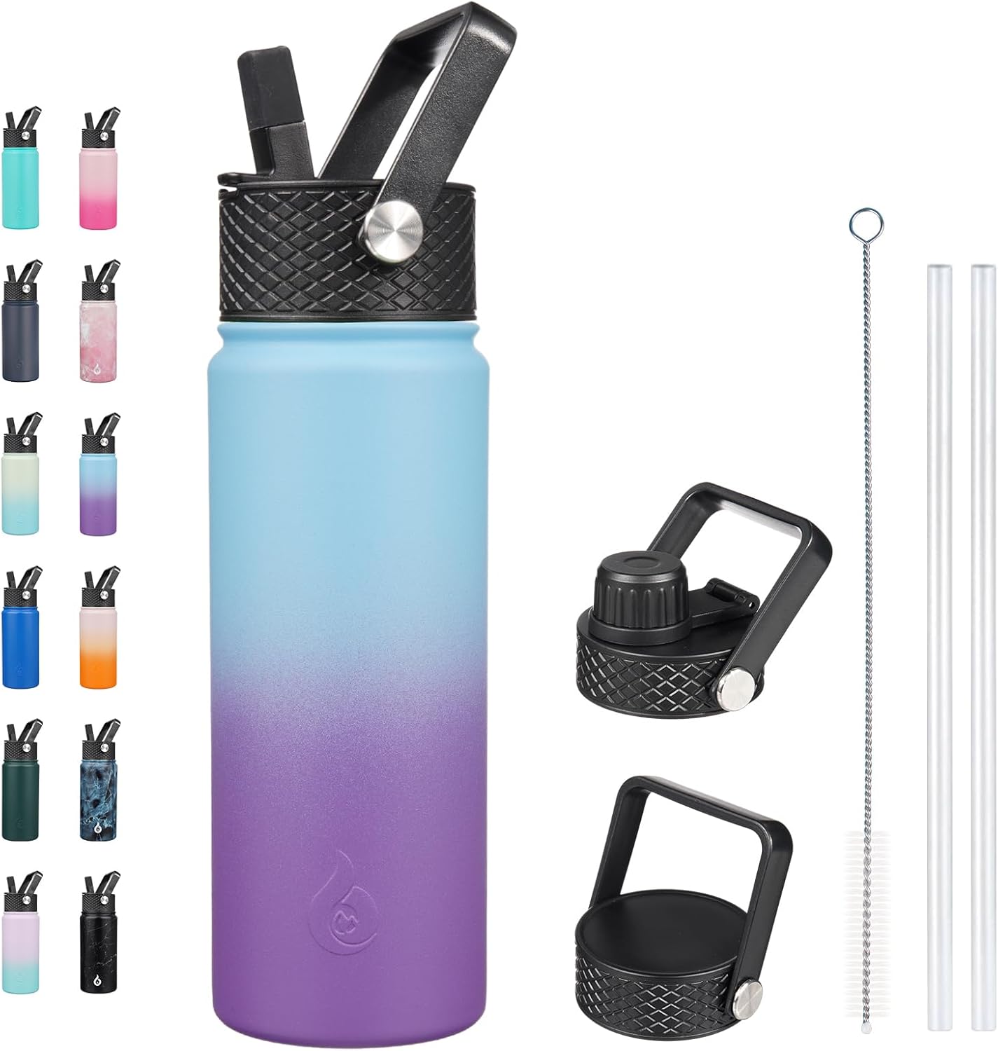 BJPKPK Botella de agua con aislamiento y tapa con popote, 22 fl oz, acero inoxidable, 3 tapas, reutilizable, mantiene agua fría o caliente, termo,