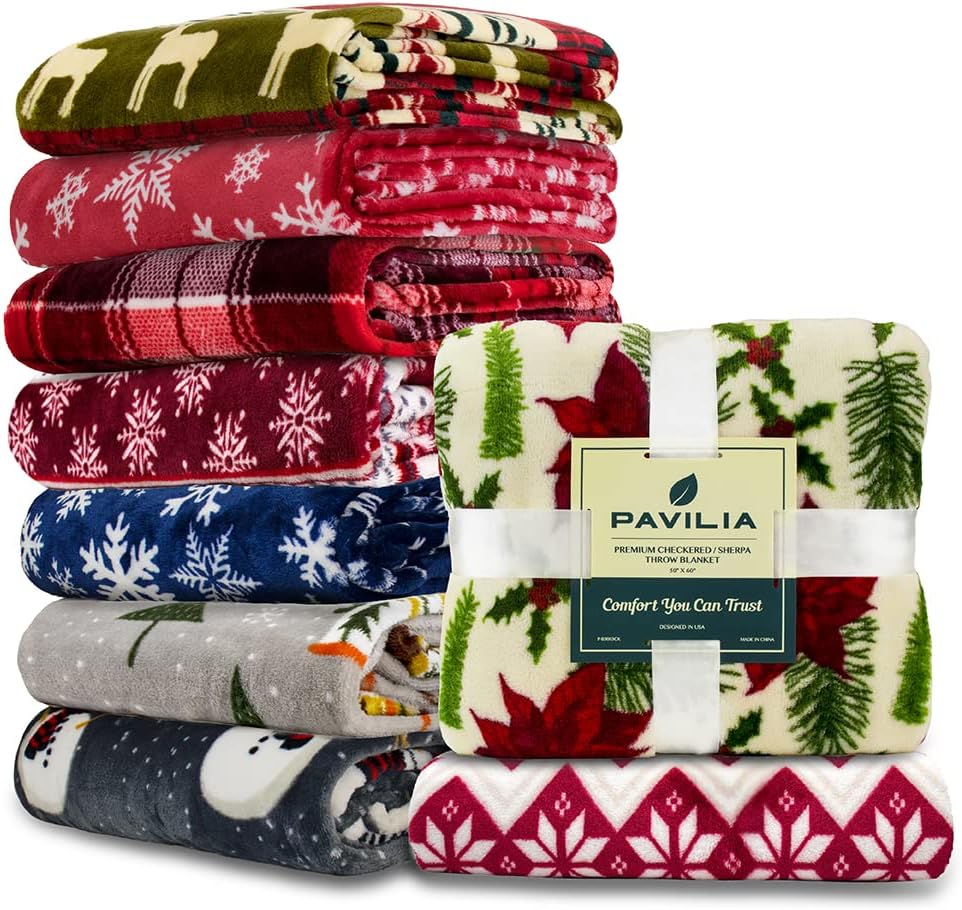 PAVILIA Manta de Navidad  Manta de forro polar con copos de nieve de renos de Navidad  Suave, afelpada, cálida manta de invierno para cabaña,