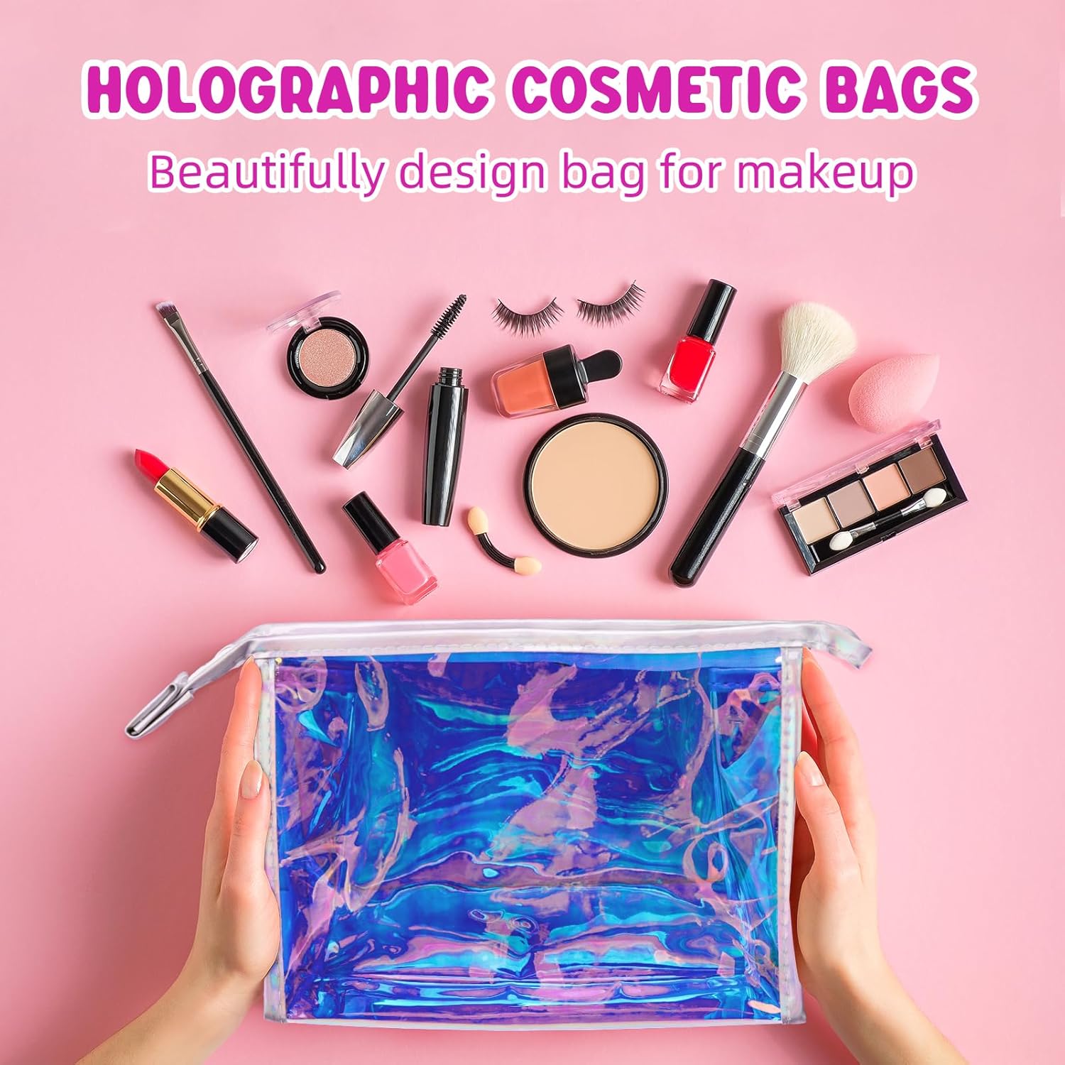 Paquete de 2 y 10 bolsas de maquillaje holográficas a granel, bolsa iridiscente, bolsas portátiles con cremallera, bolsa de cosméticos de viaje,