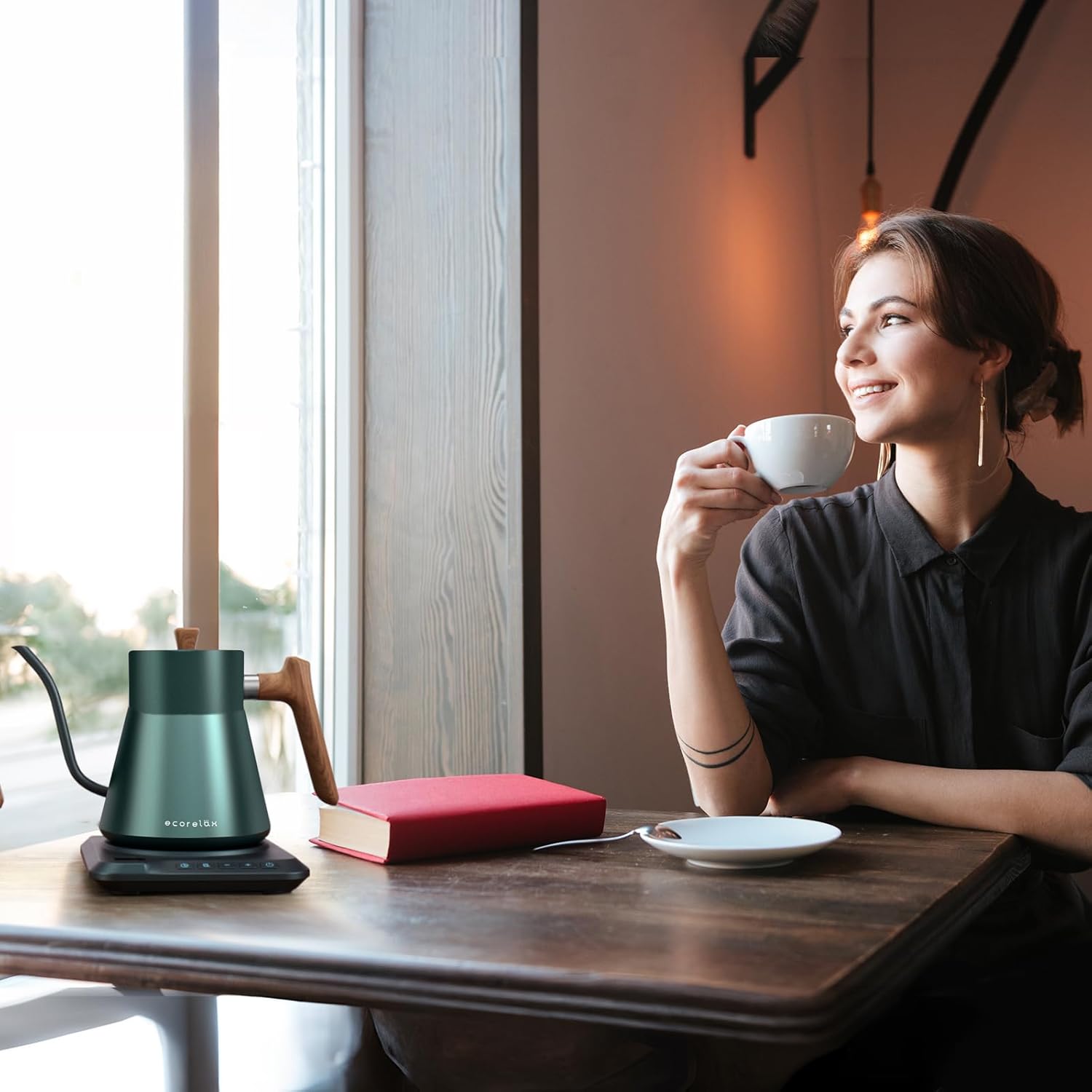 Ecorelax Hervidor eléctrico de cuello de cisne con control de temperatura preciso de  1 , 1200 W para café y té, 100% acero inoxidable, hervidor de