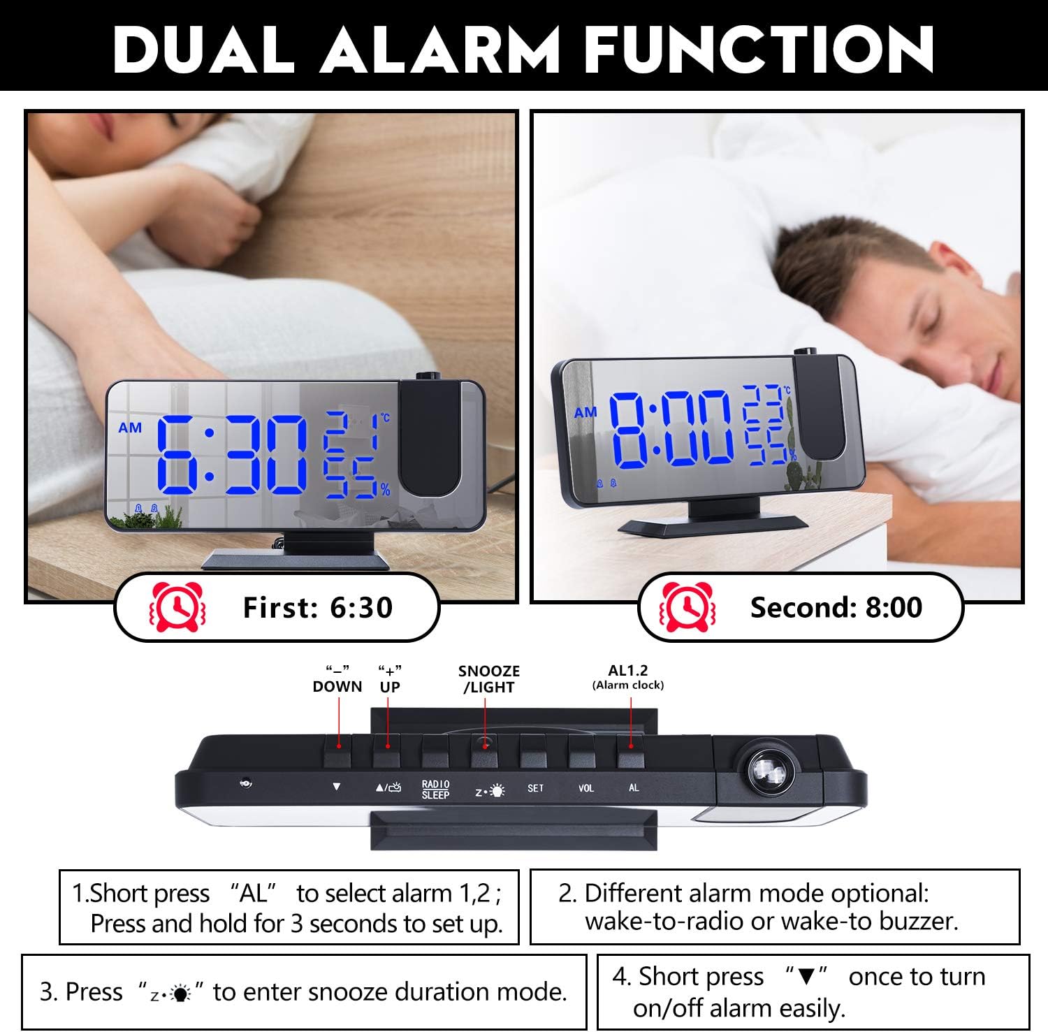 Reloj despertador digital de proyección para dormitorios, radio reloj despertador en techo, puerto de carga USB, pantalla de temperatura y humedad,