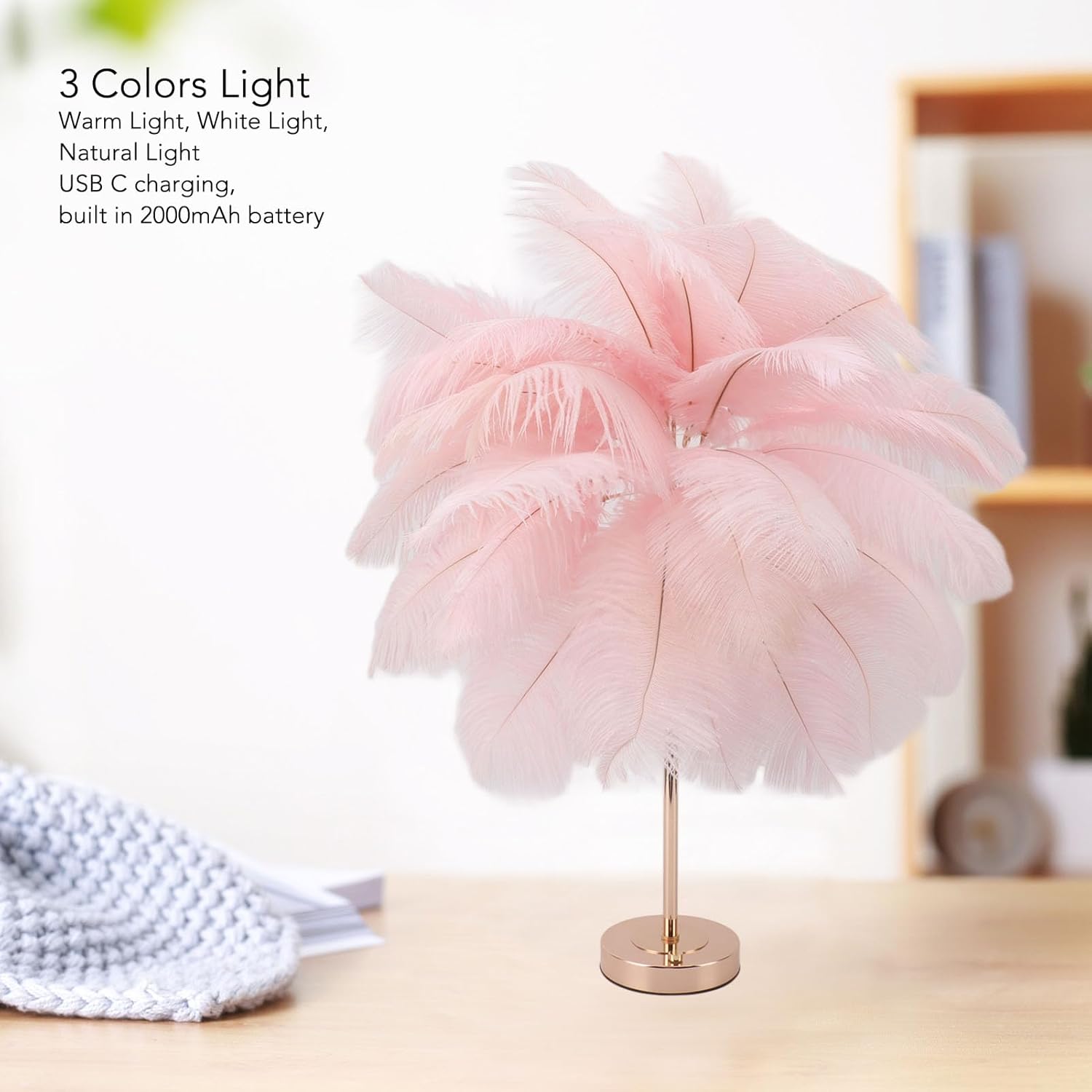 GOWENIC Lámparas de mesa inalámbricas, luz de escritorio con control táctil, lámpara de noche LED recargable, luz nocturna de plumas de avestruz,