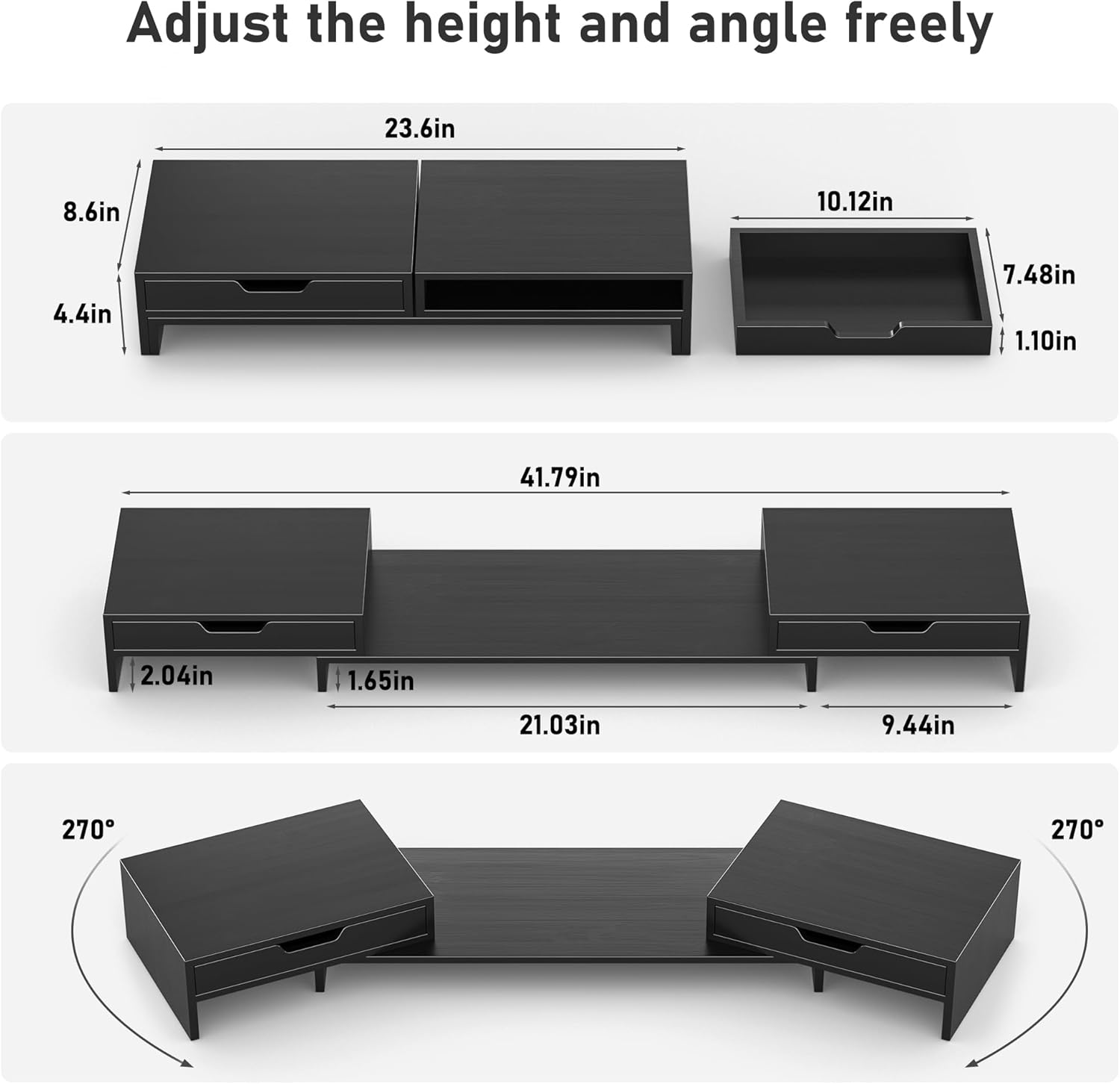 Epesoware Soporte de monitor con 2 cajones para escritorio, soporte de bambú para monitor doble con almacenamiento, organizador de estante de