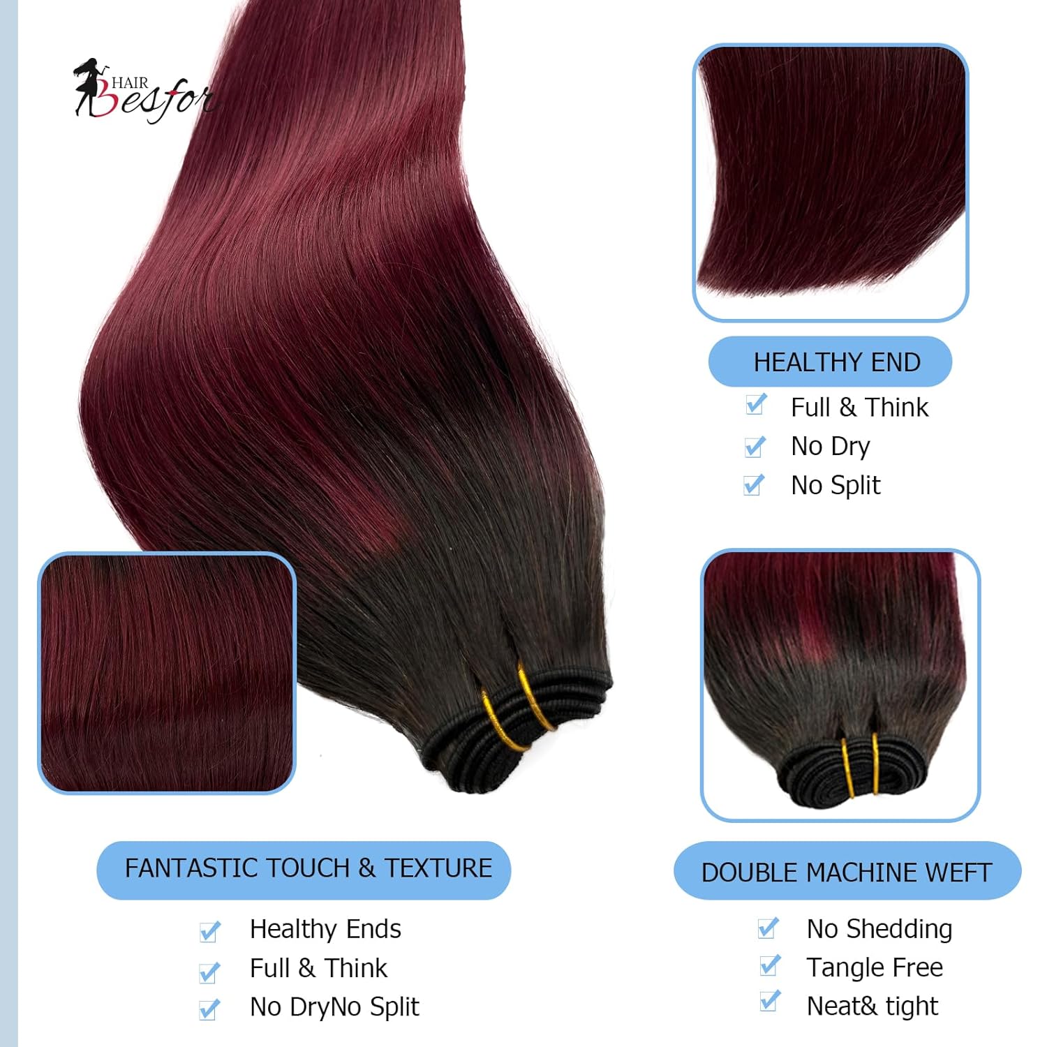 Extensiones de cabello humano para coser, color burdeos, atadas a mano, extensiones de cabello de trama de 16 pulgadas, sedosas y lacias,