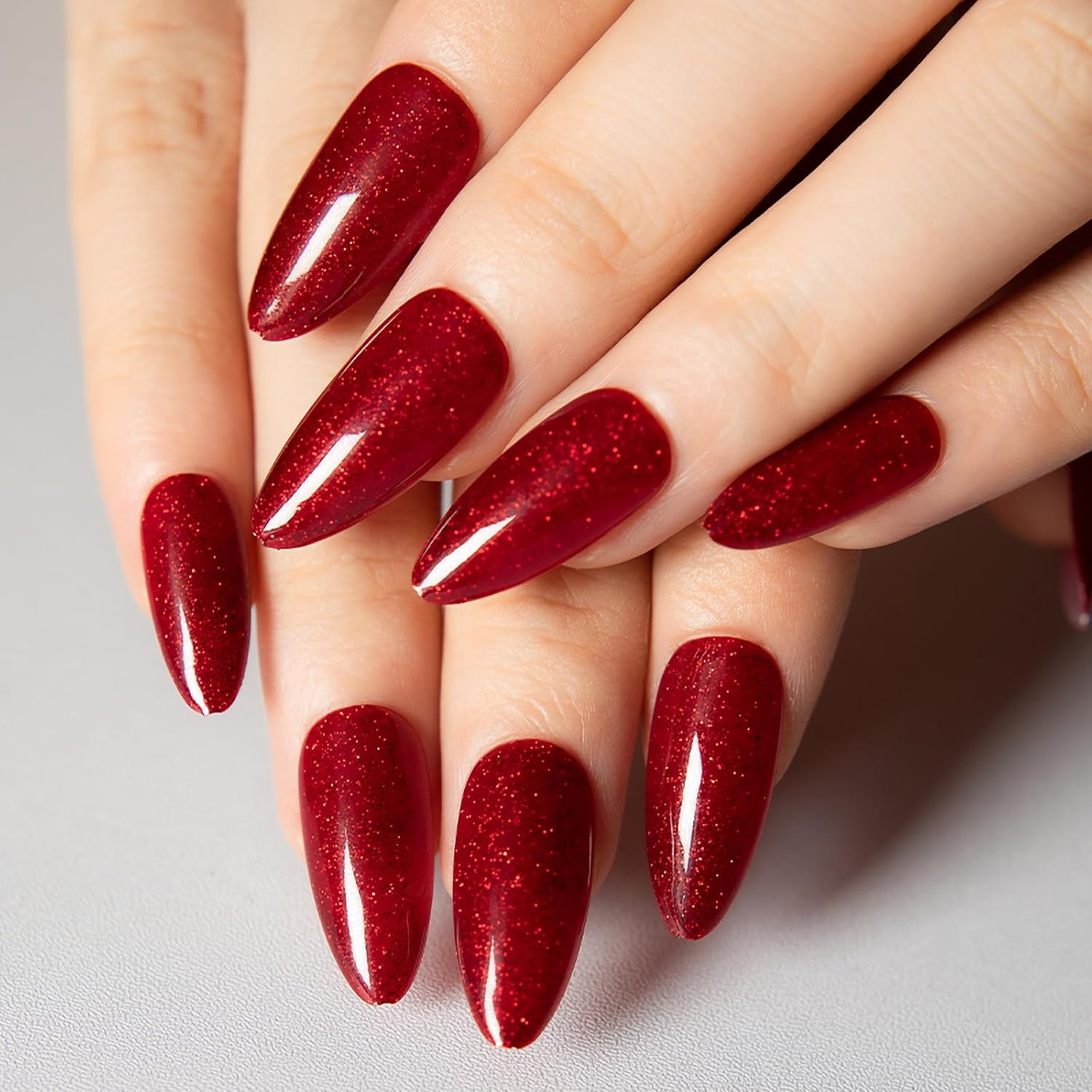 KKUUOO Uñas postizas a presión de ojo de gato, color rojo vino, uñas postizas medianas a presión con purpurina, uñas acrílicas brillantes de