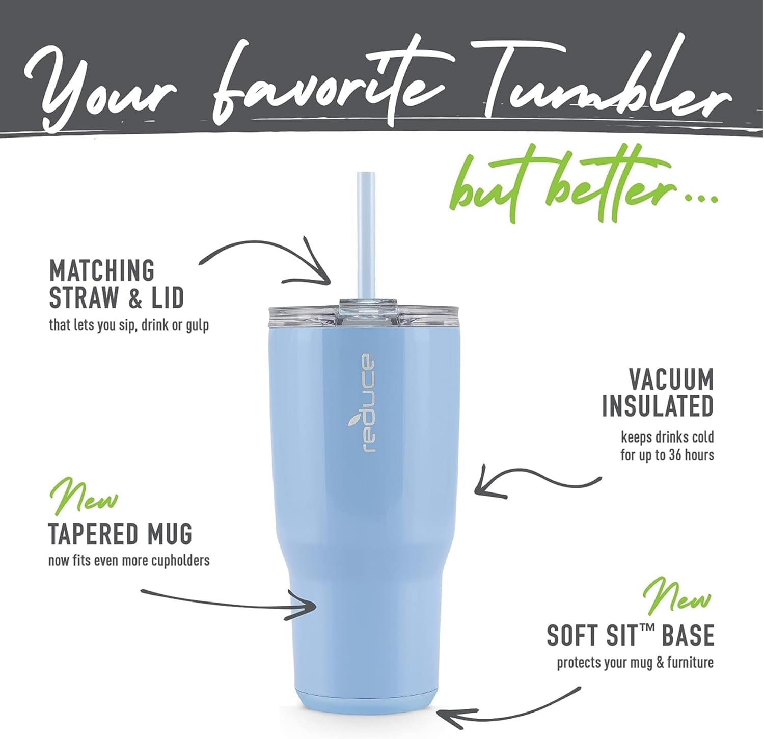 Reduce Cold1 – Vaso de acero inoxidable aislado al vacío de 34 onzas con tapa y popote, mantiene las bebidas frías hasta 36 horas, marcas internas