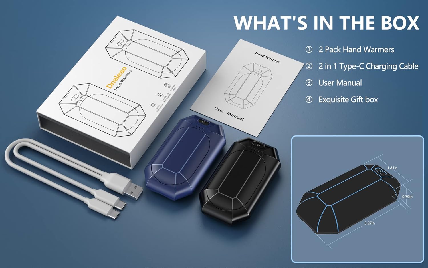 Calentadores de manos recargables, paquete de 2 calentadores de bolsillo portátiles eléctricos de 4000 mAh, terapia de calor, ideal para exteriores,