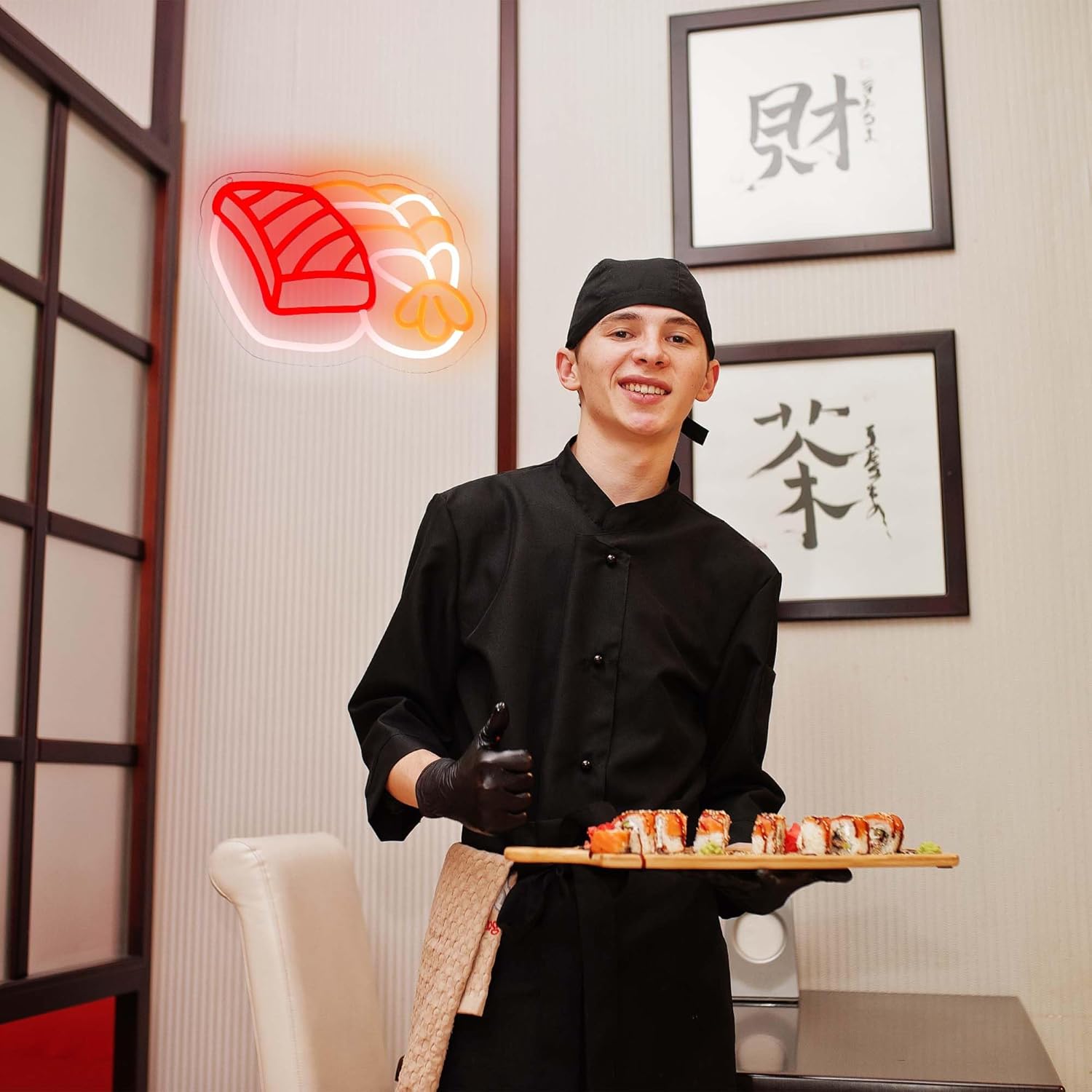 Allball Letrero de neón LED de sushi, letreros LED regulables para decoración de pared, juego de rollos de sushi de restaurante japonés, decoración
