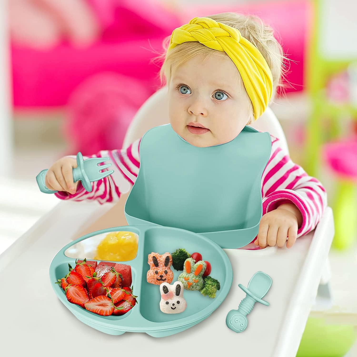 Hoidokly Juego de alimentación para bebés, 8 piezas de suministros de destete LED de silicona para bebés, incluye plato para bebé, cuenco, babero