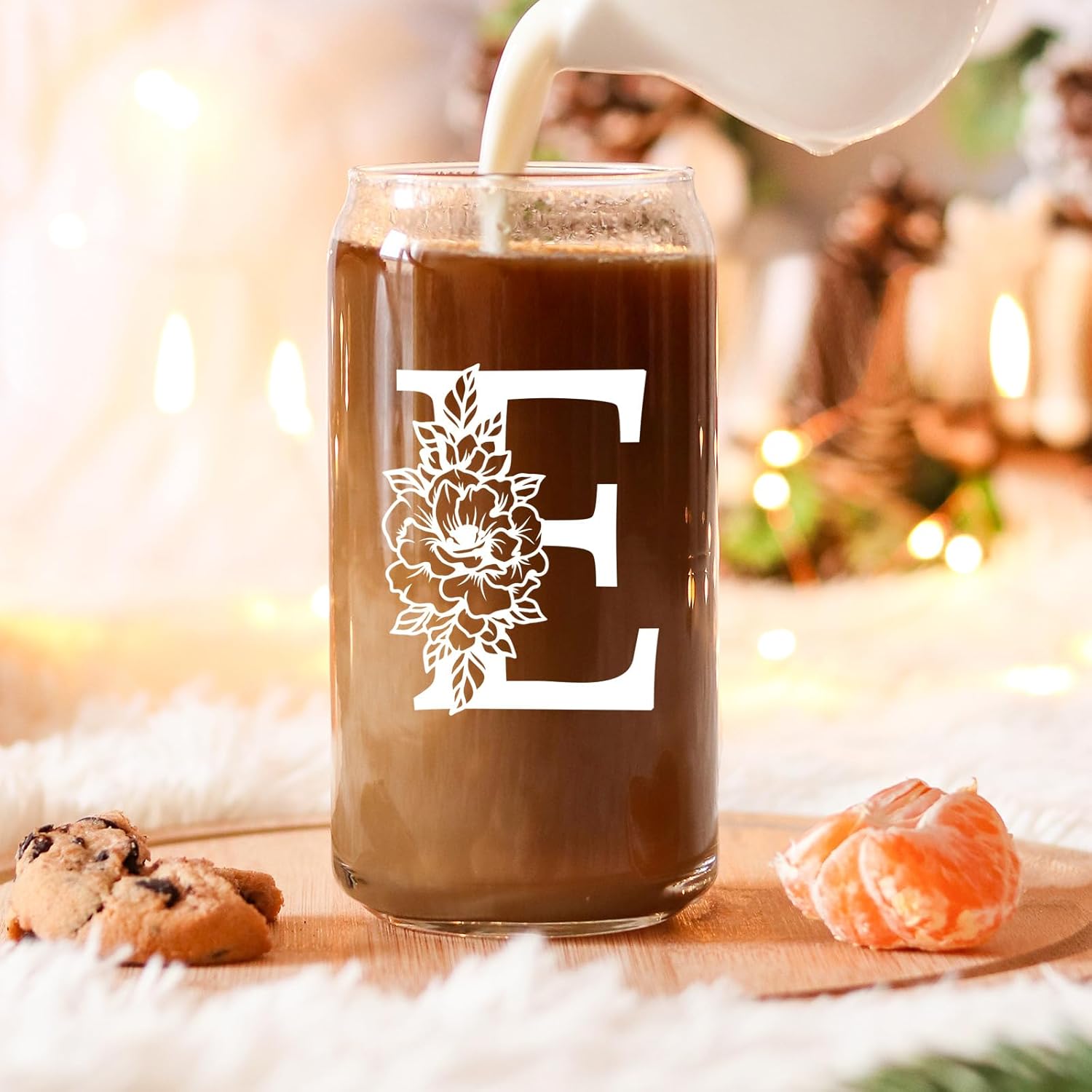 Coolife Vaso de vidrio con inicial, regalos con monograma para mujeres, tazas de vidrio de 16 onzas con tapas y pajitas, café helado, batido, vaso