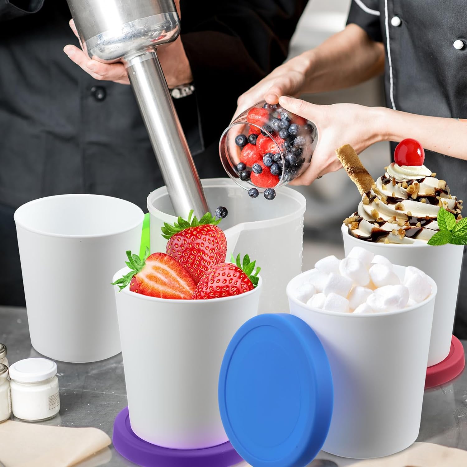 4 recipientes de helado de 1 cuarto de galón para helados caseros, contenedores reutilizables de almacenamiento de helado con tapas de silicona para