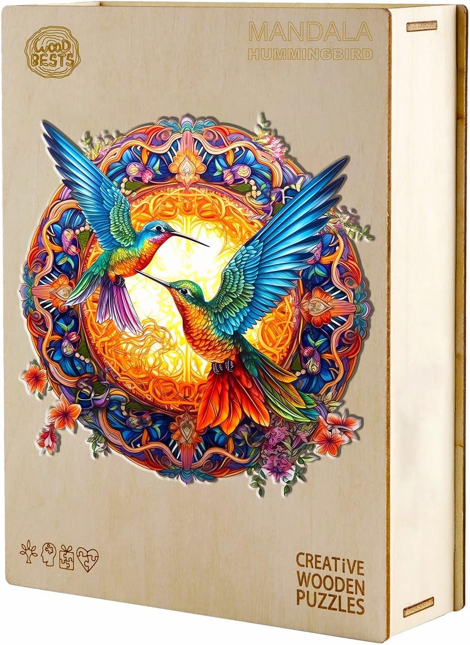 Funnli Rompecabezas de madera para adulto, 200 piezas de mandala colibríes, rompecabezas de madera de 11.8 x 11.8 pulgadas con caja, colección de