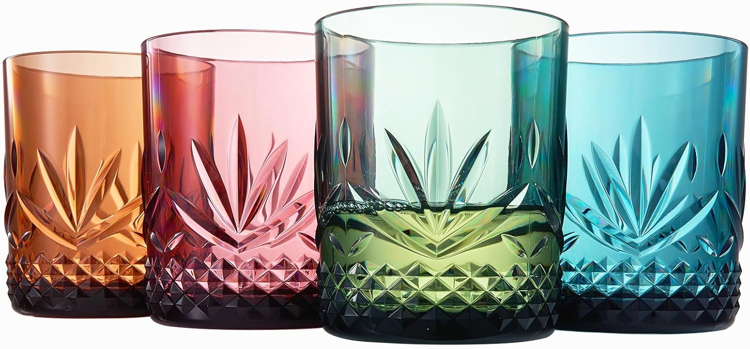 Vasos irrompibles de plástico Tritan para cóctel, whisky, agua y vino  Juego de 4 vasos  Rocas reutilizables a la antigua, colores pastel acrílicos