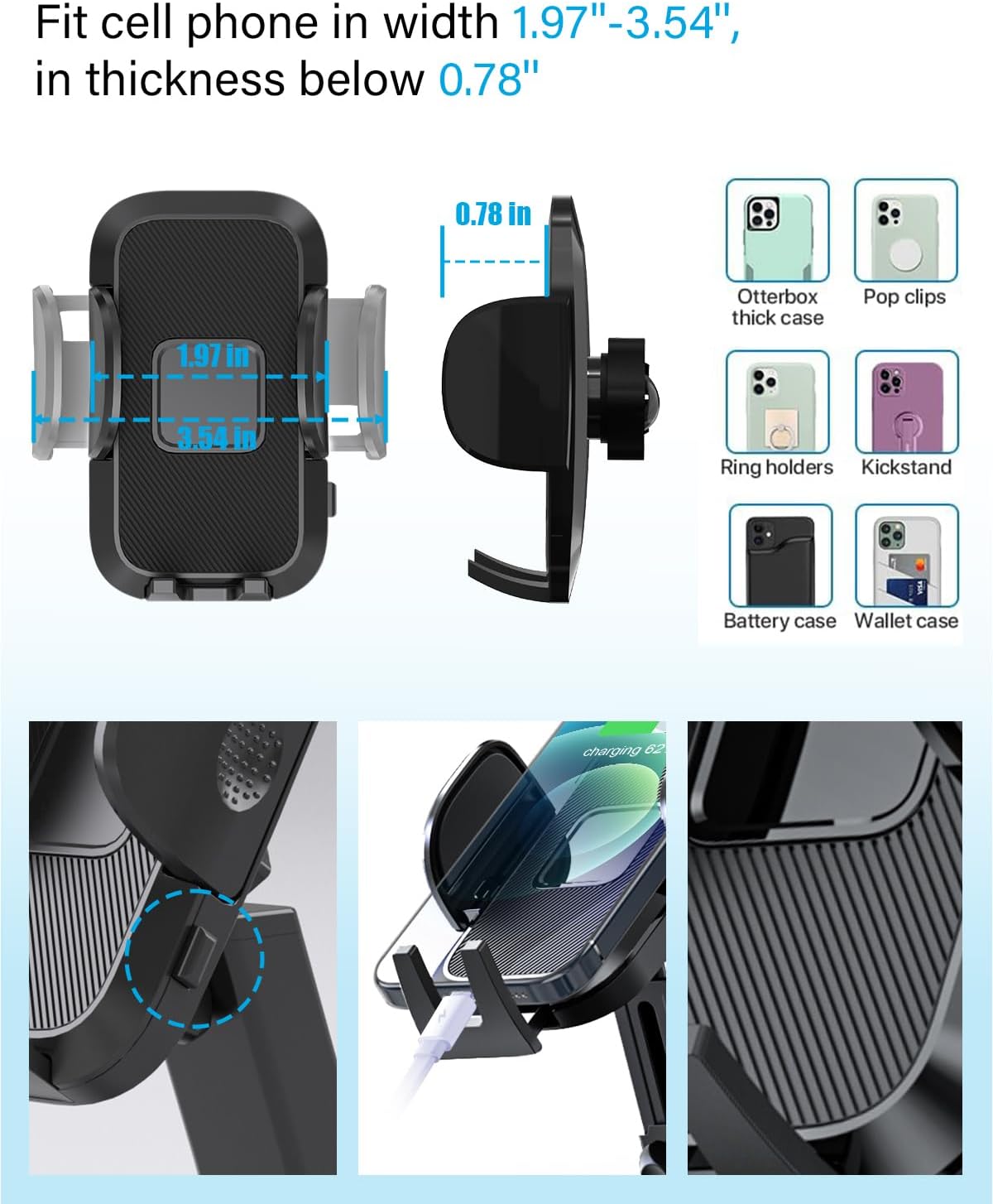 Soporte de teléfono para automóvil con base expandible, soporte ajustable 2 en 1 para teléfono celular, compatible con iPhone, Samsung Pixel y todos