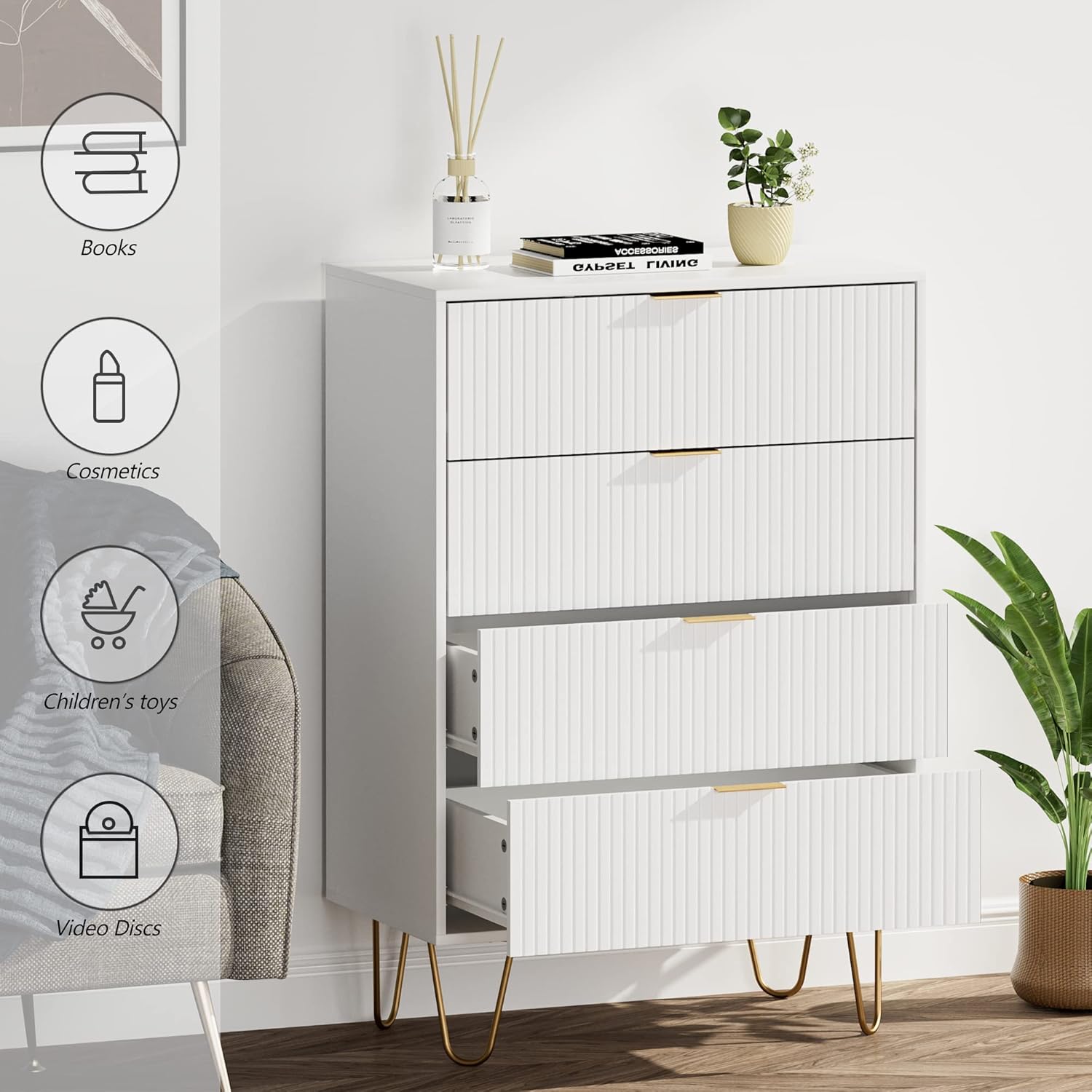 Cómoda de 4 cajones, cajón, armario de almacenamiento alto con patas de metal, cómoda pequeña para dormitorio, sala de estar, armario, pasillo,