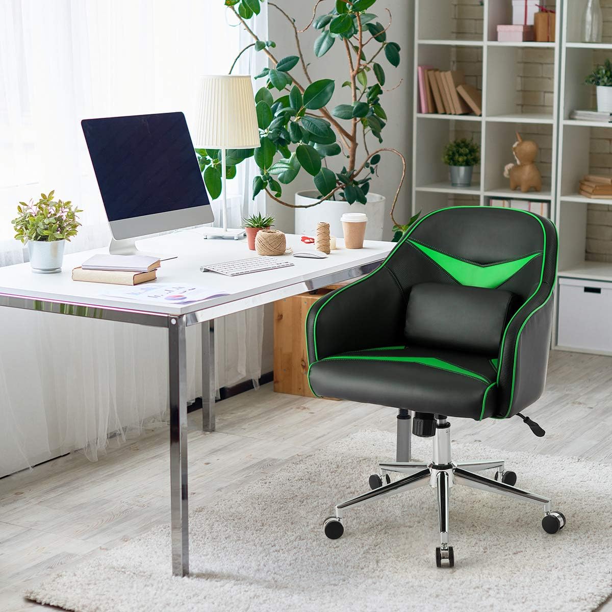 Giantex Silla de juegos de piel sintética, sillón de altura ajustable con respaldo medio con almohada lumbar de masaje, sillas de escritorio