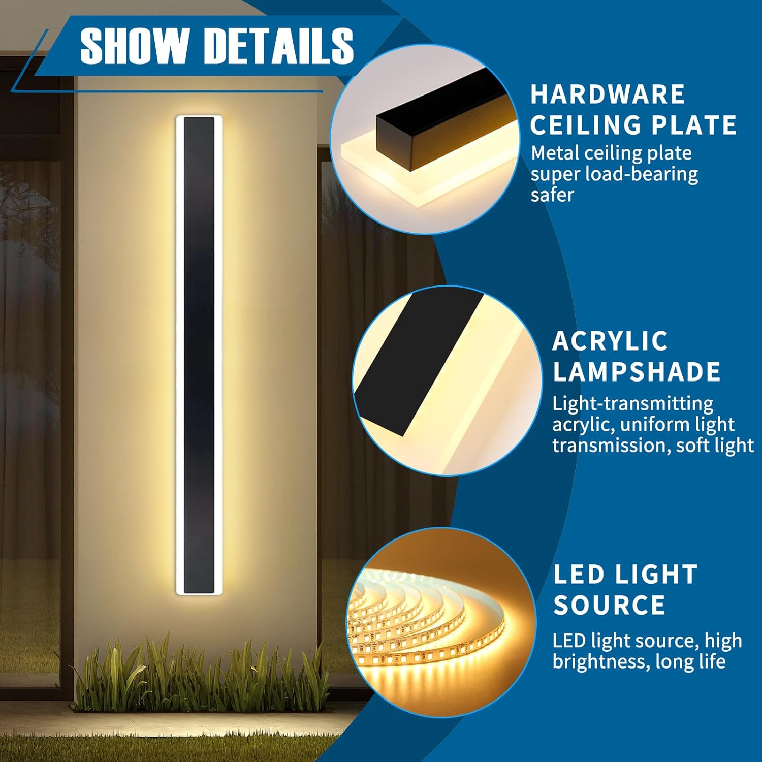 Apliques de pared regulables para exteriores de 71 pulgadas con control remoto, modernos montados en la pared con 3 colores (3000 K4500 K6000 k),
