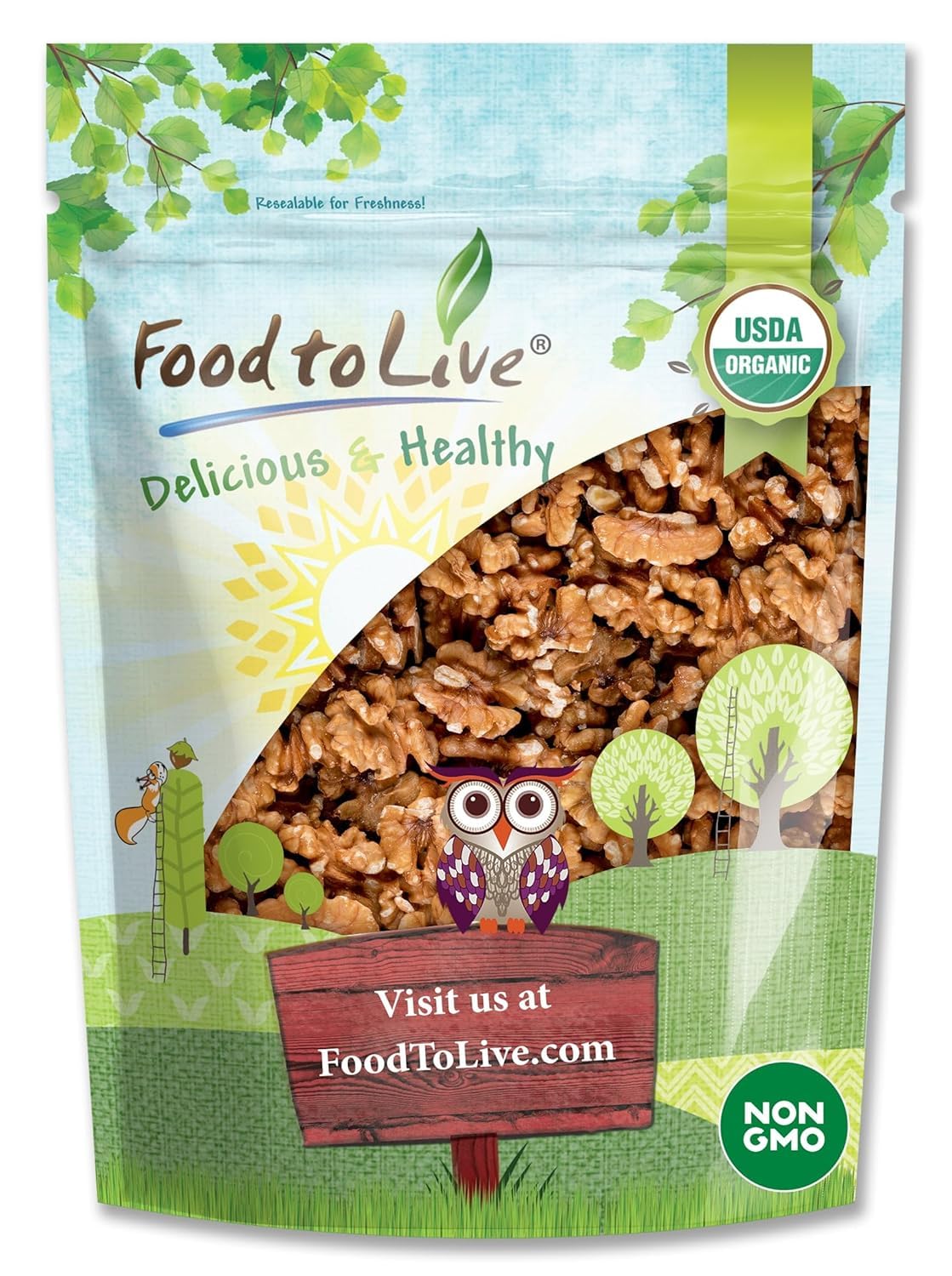 Food to Live Mitades y piezas de nueces orgánicas de California, 2 libras, sin OMG, crudas, sin sal, sin cáscara, veganas, sirtfood, a granel. Alto