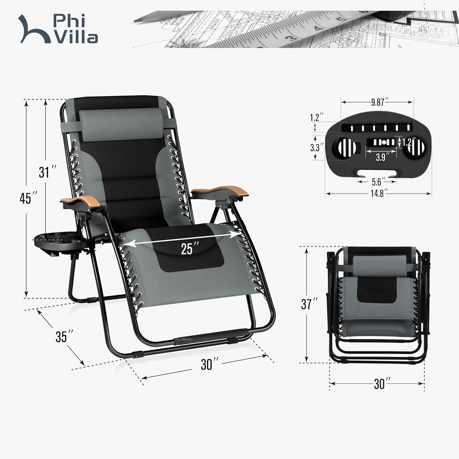 PHI VILLA Silla XXL acolchada de gravedad cero, silla reclinable plegable para patio, asiento de 30 pulgadas de ancho, tumbona antigravedad con