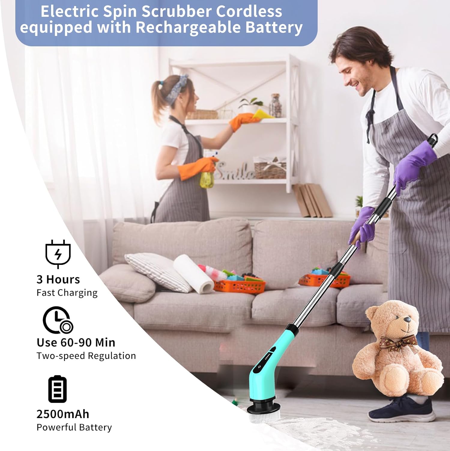 Limpiador eléctrico giratorio, limpiador de ducha IPX7 con mango largo, cepillo de limpieza inalámbrico 7 y 1 con batería de 2500 mAh, limpiador de