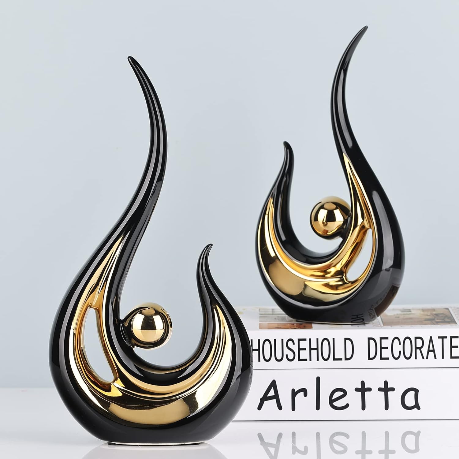 Acento de decoración del hogar negro y dorado de 11.2 pulgadas de alto, centro de mesa de centro moderno de mediados de siglo, figuras modernas de