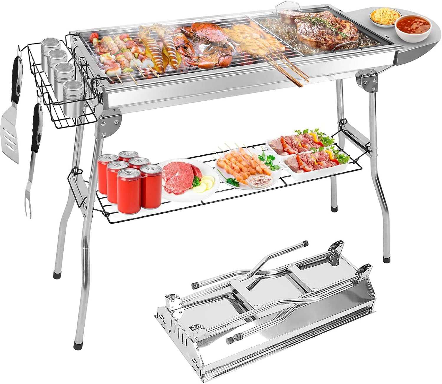 TeqHome Parrilla de carbón portátil, plegable y mejorada, parrilla de carbón grande con estante de tablero y cesta de almacenamiento de sabor, marco