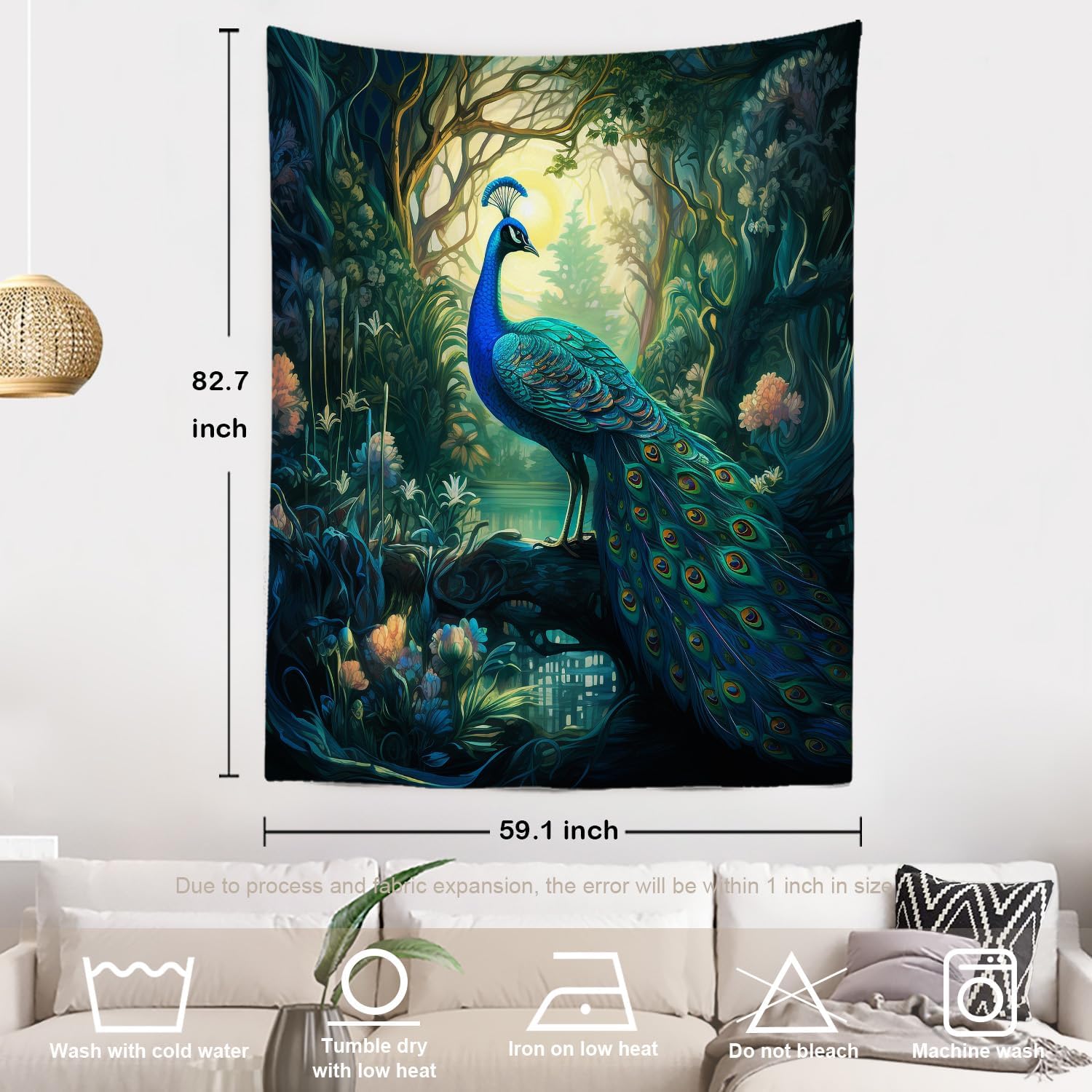 Batmerry Tapiz turquesa pavo real, hojas verdes, torre de templo natural, arte de pared, decoración para colgar, fibra de poliéster, blanco con